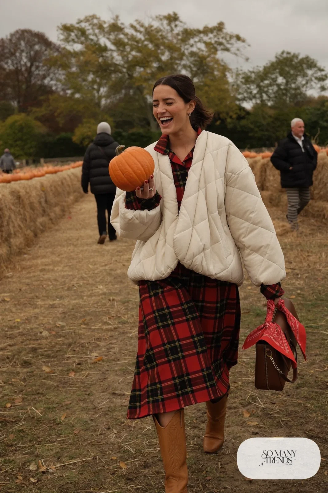 red black plaid flannel shirt dress cream quilted jacket tan cowboy boots bandana on bag outfit 24