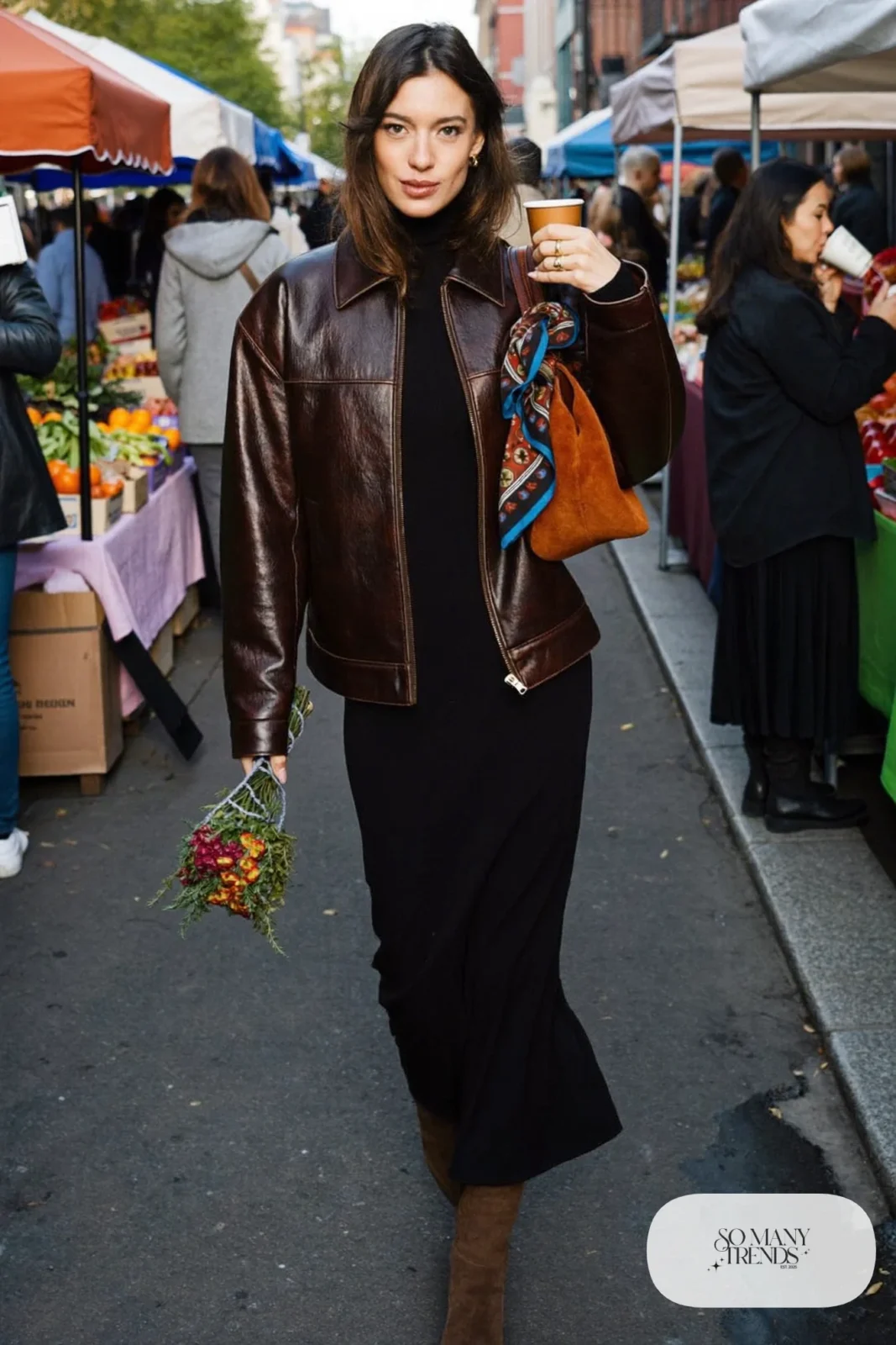 black turtleneck midi sweater dress cognac leather jacket brown suede boots silk scarf on bag outfit 26