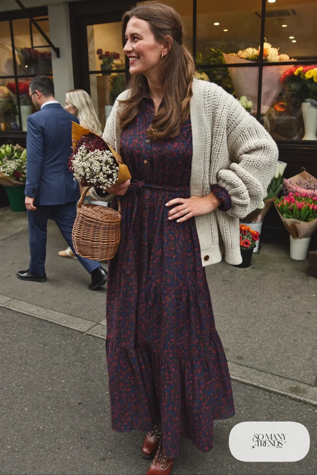 dark floral midi dress oatmeal chunky cardigan brown lace up boots wicker bag outfit 27