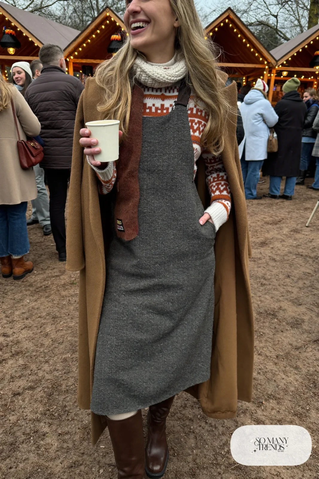 gray wool pinafore midi dress fair isle sweater long camel coat tall brown boots scarf outfit 28