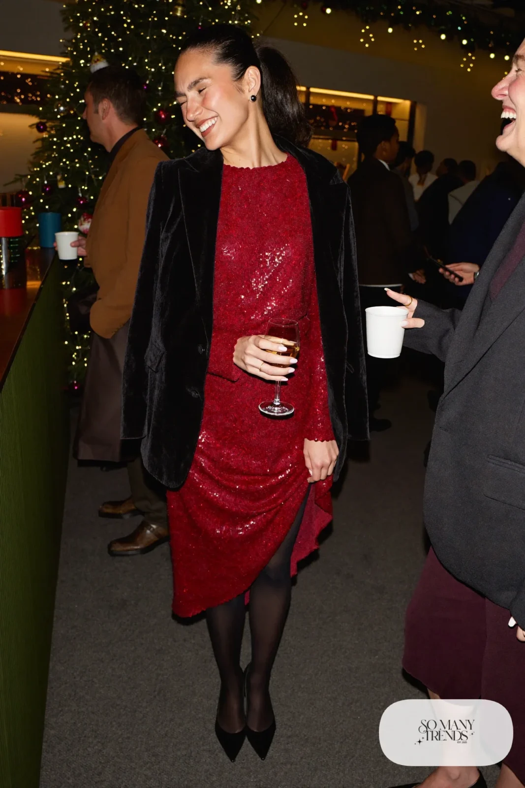 red sequin long sleeve midi dress black velvet blazer black closed toe pumps sheer tights stud earrings outfit 29
