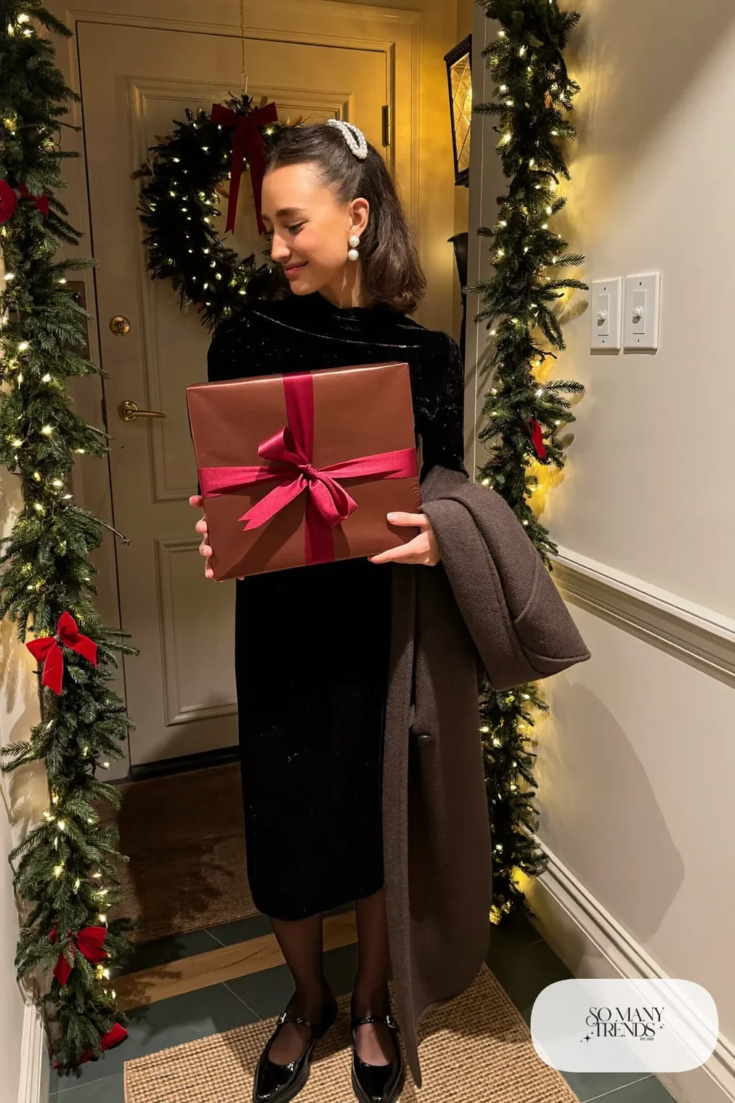 black velvet long sleeve midi dress pearl hair clip pearl earrings black mary janes long wool coat outfit 30