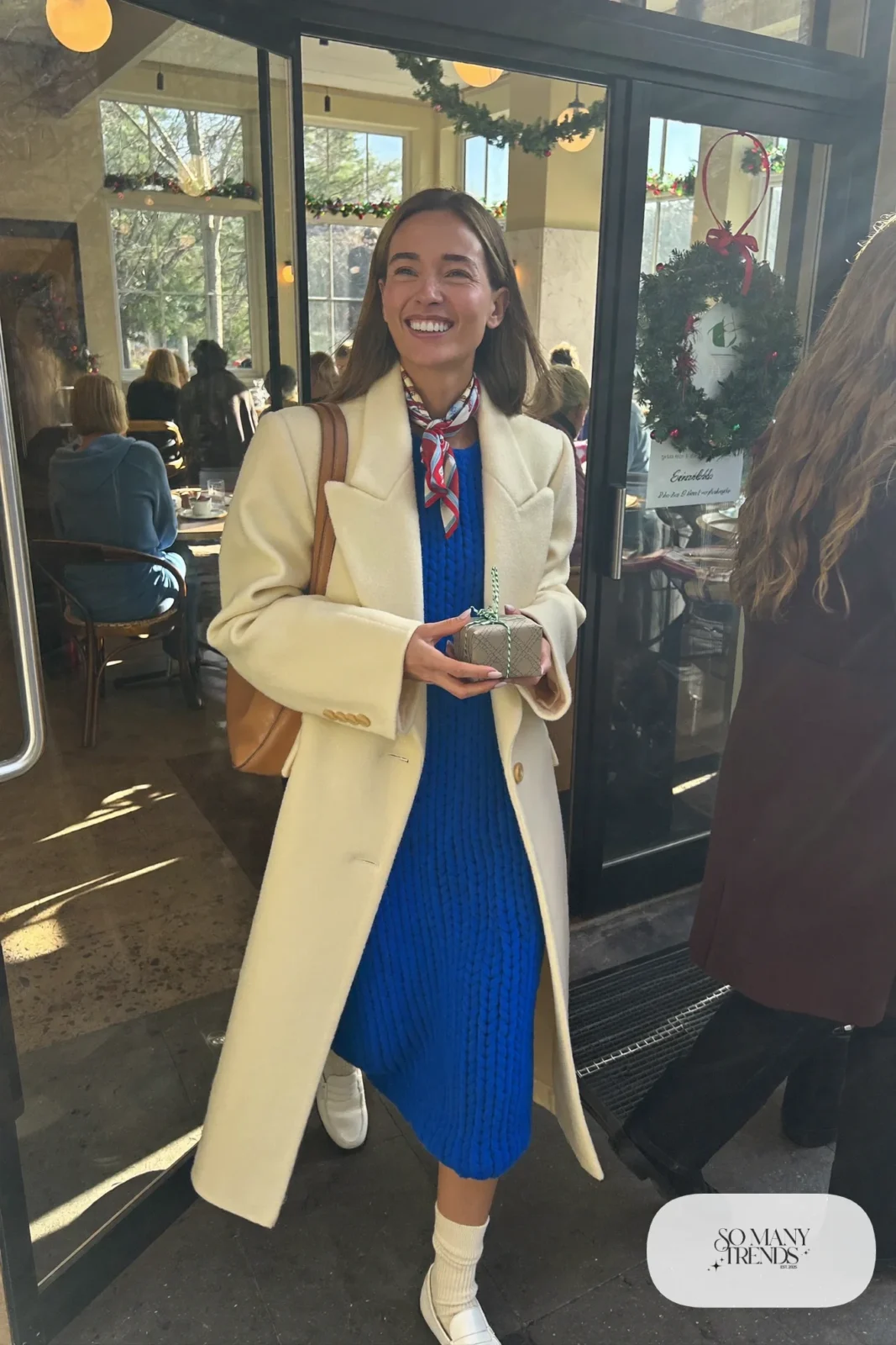 cobalt blue knit midi dress cream wool coat white leather loafers socks silk scarf shoulder bag outfit 33