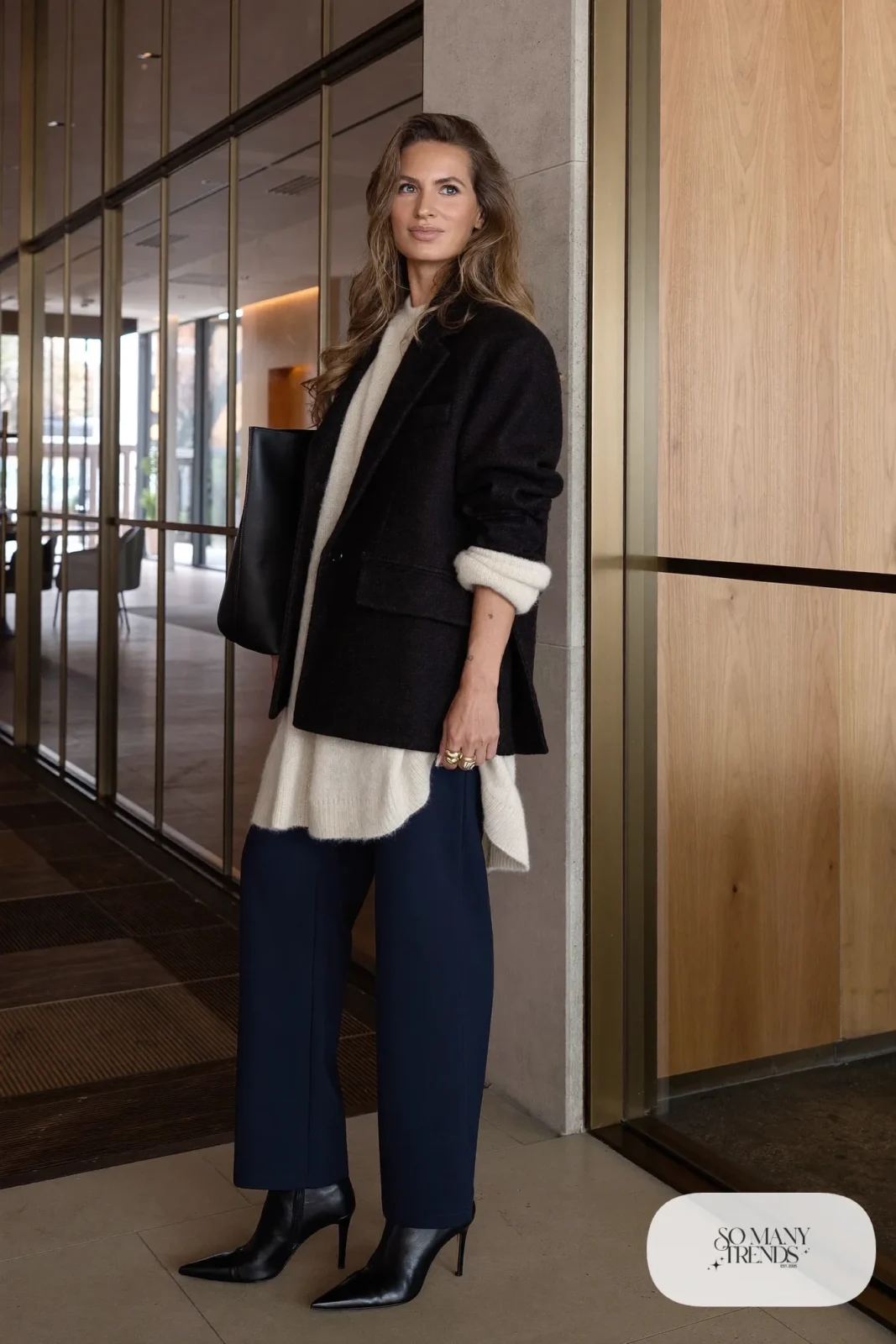 charcoal oversized blazer cream knit sweater straight navy pants black ankle boots tote outfit 2