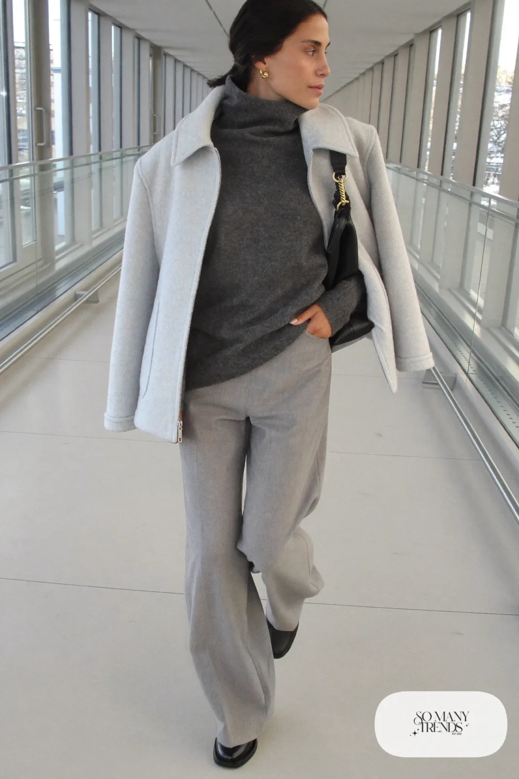 light gray boxy wool jacket charcoal knit top gray flannel pants black boots leather bag outfit 5