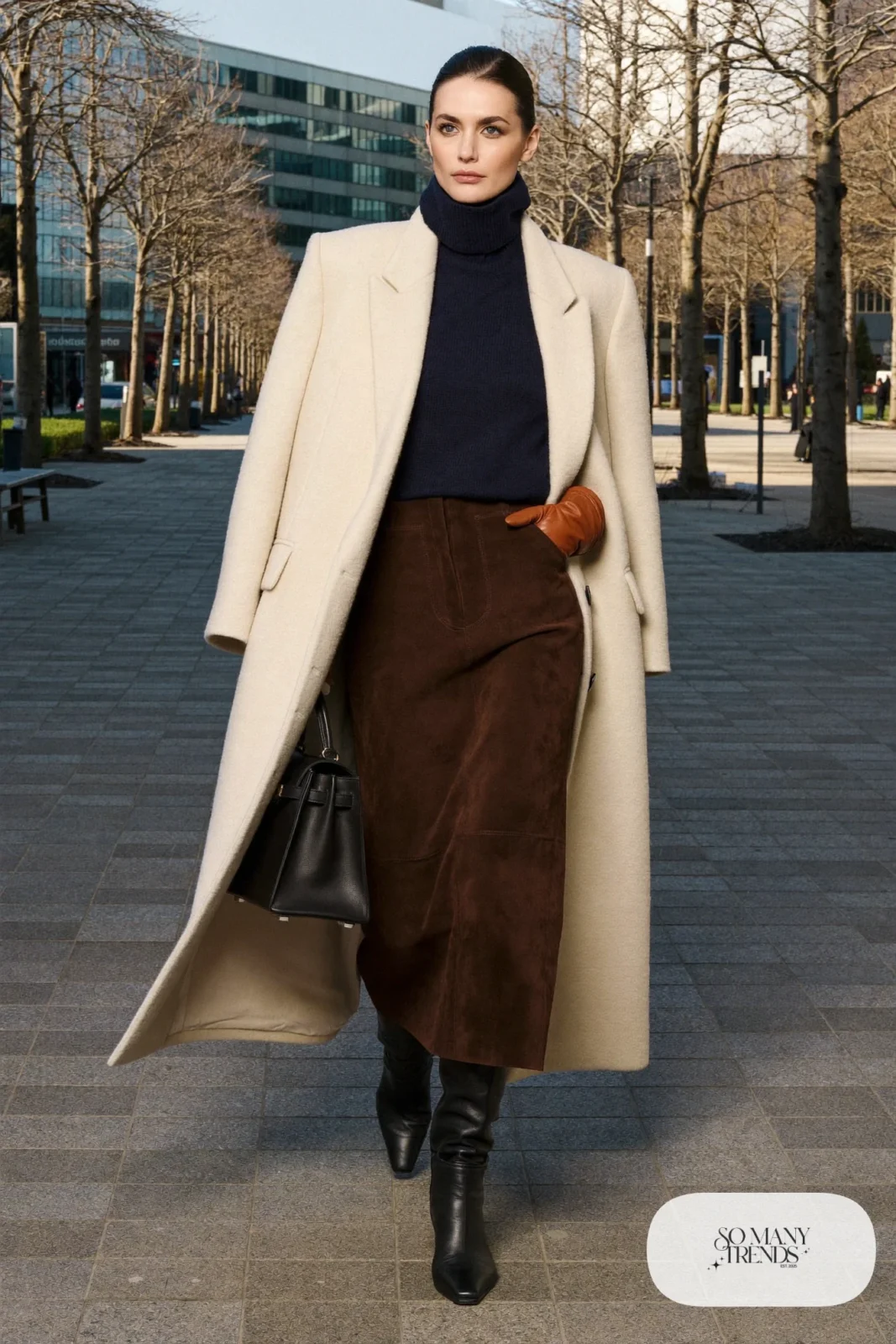 navy turtleneck brown suede midi skirt tall black boots cream coat leather gloves outfit 6