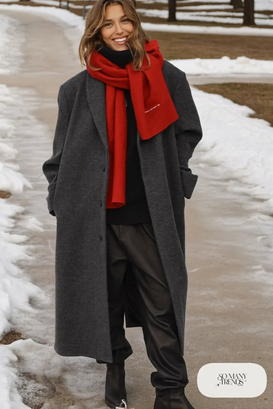 cherry red wool scarf charcoal overcoat black turtleneck straight pants leather boots outfit 8