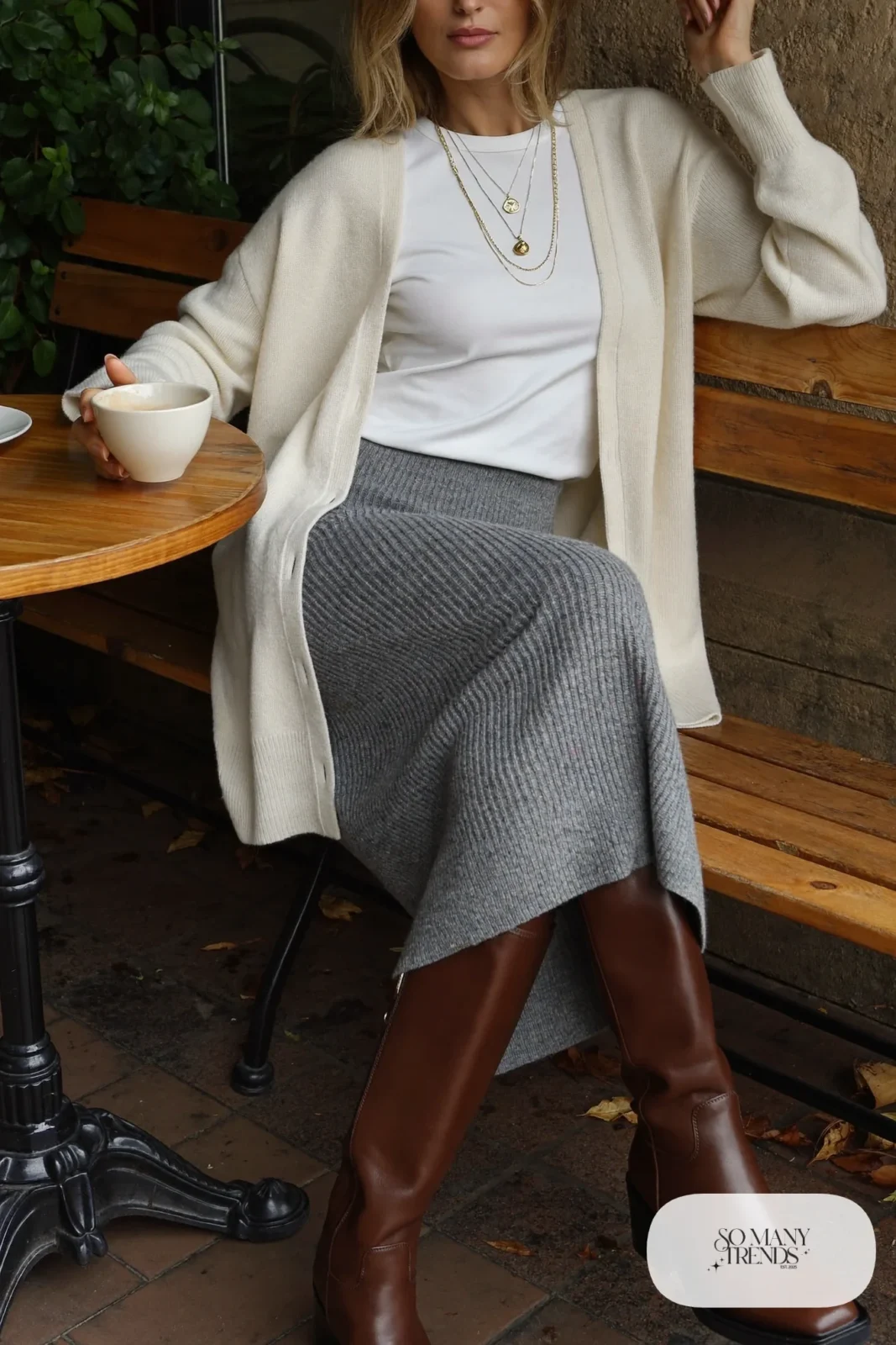 gray ribbed knit midi skirt cream longline cardigan fitted tee tall boots small bag outfit 13