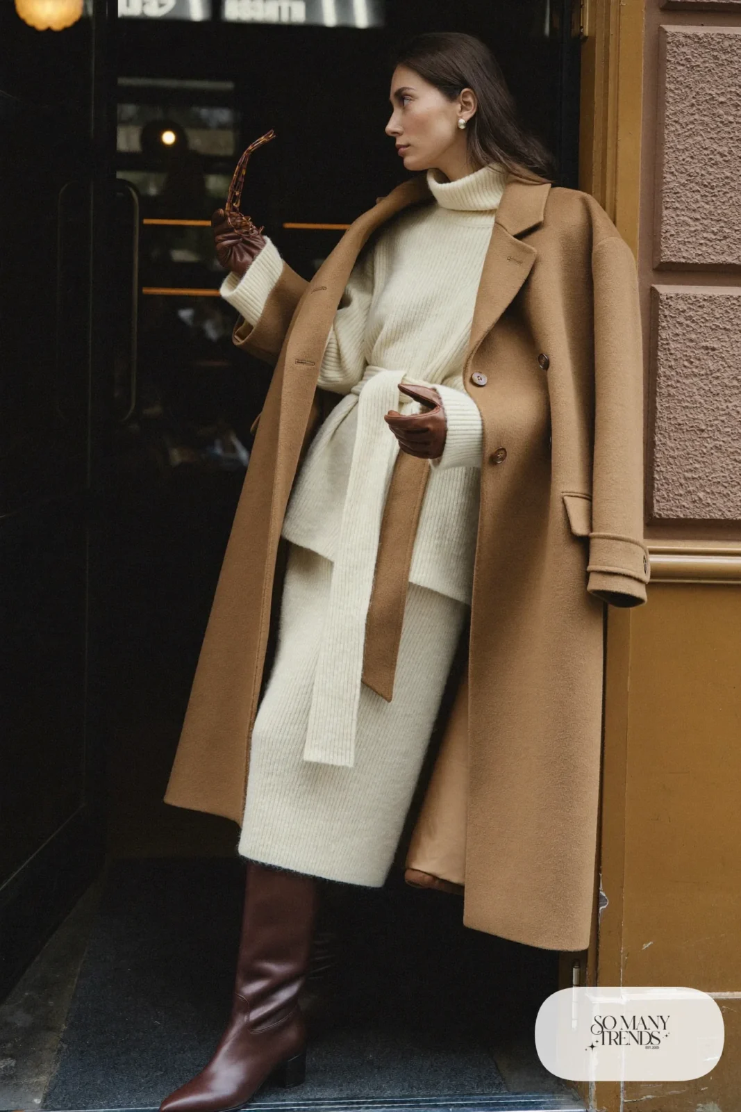 cream ribbed sweater dress long brown boots camel coat belt leather gloves outfit 15