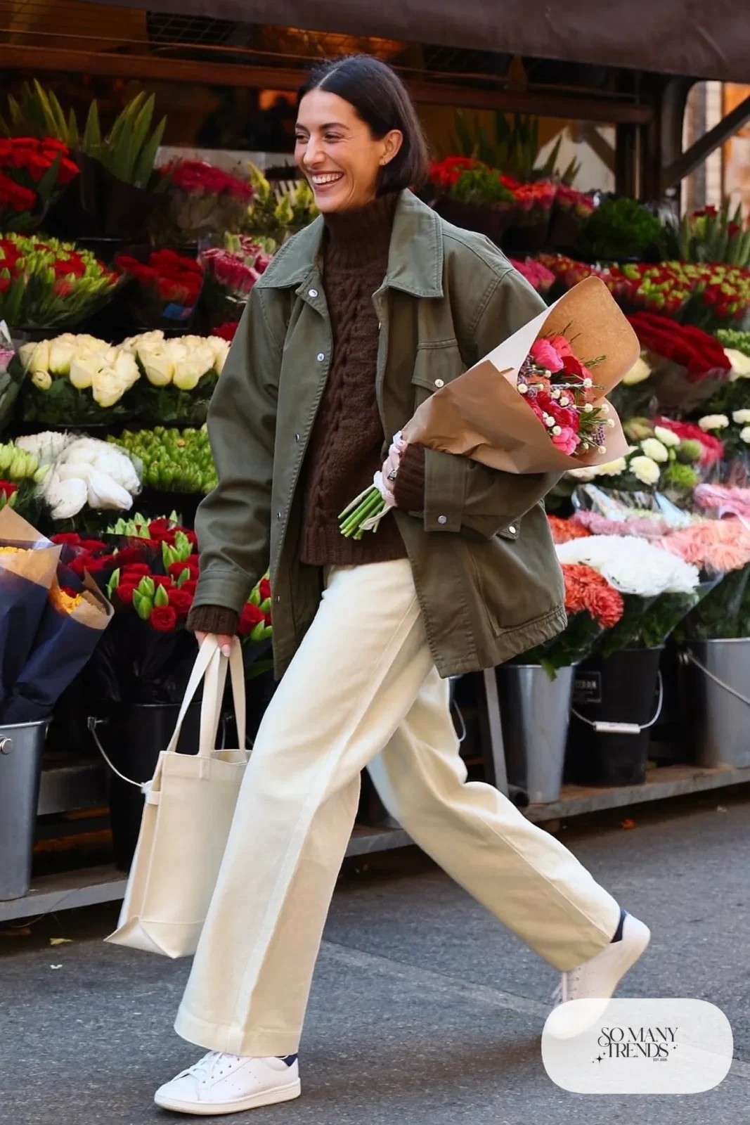 olive utility jacket cream wide-leg pants chunky brown knit sneakers canvas bag outfit 16