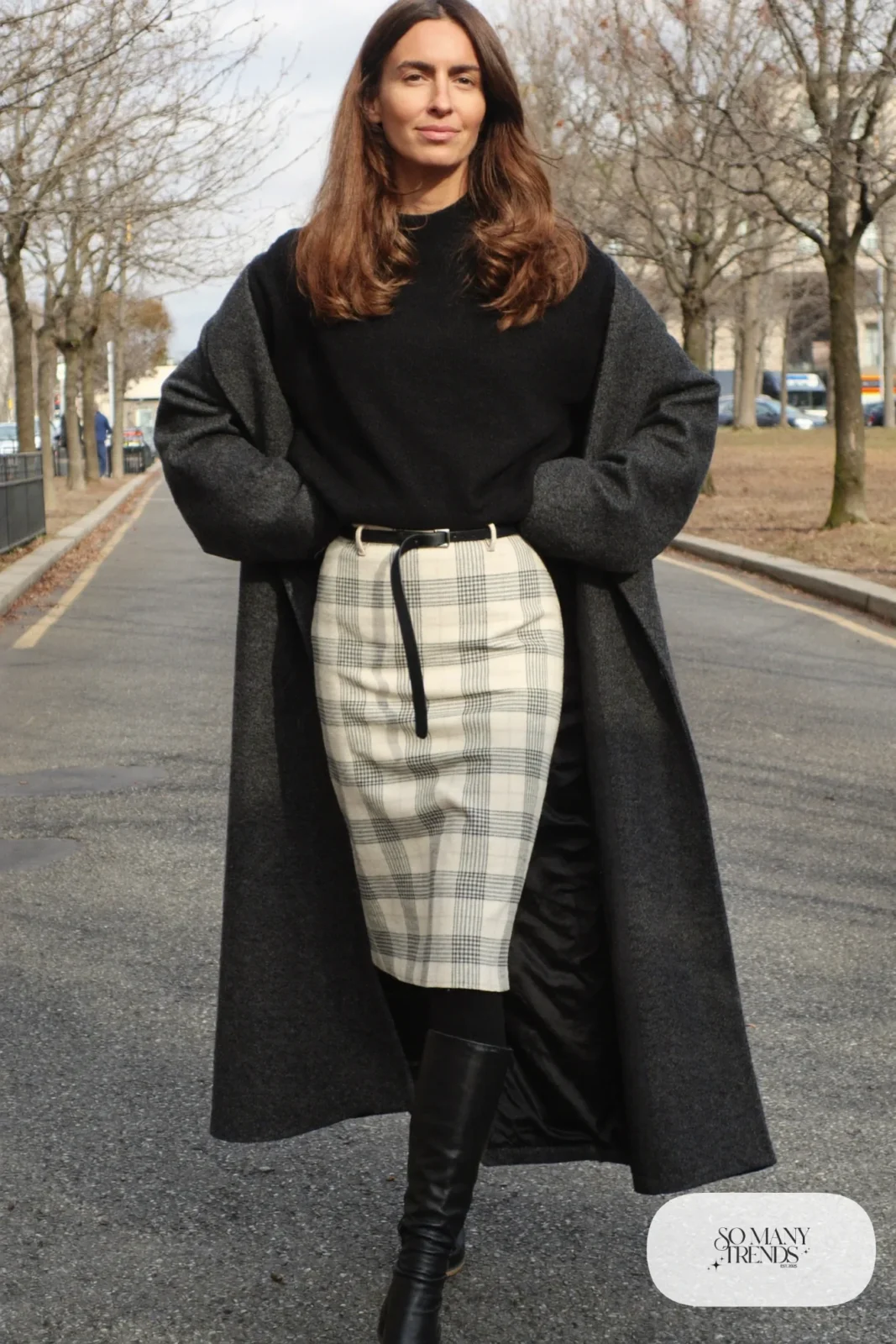 gray plaid wool midi skirt black knit sweater opaque tights knee boots long coat outfit 17