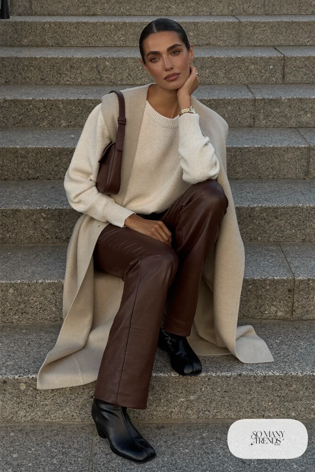brown straight leather pants cream knit sweater long beige cardigan ankle boots shoulder bag outfit 19