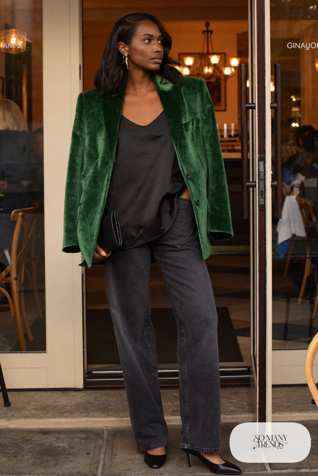 forest green velvet boxy blazer black silk camisole dark straight jeans pumps clutch outfit 21