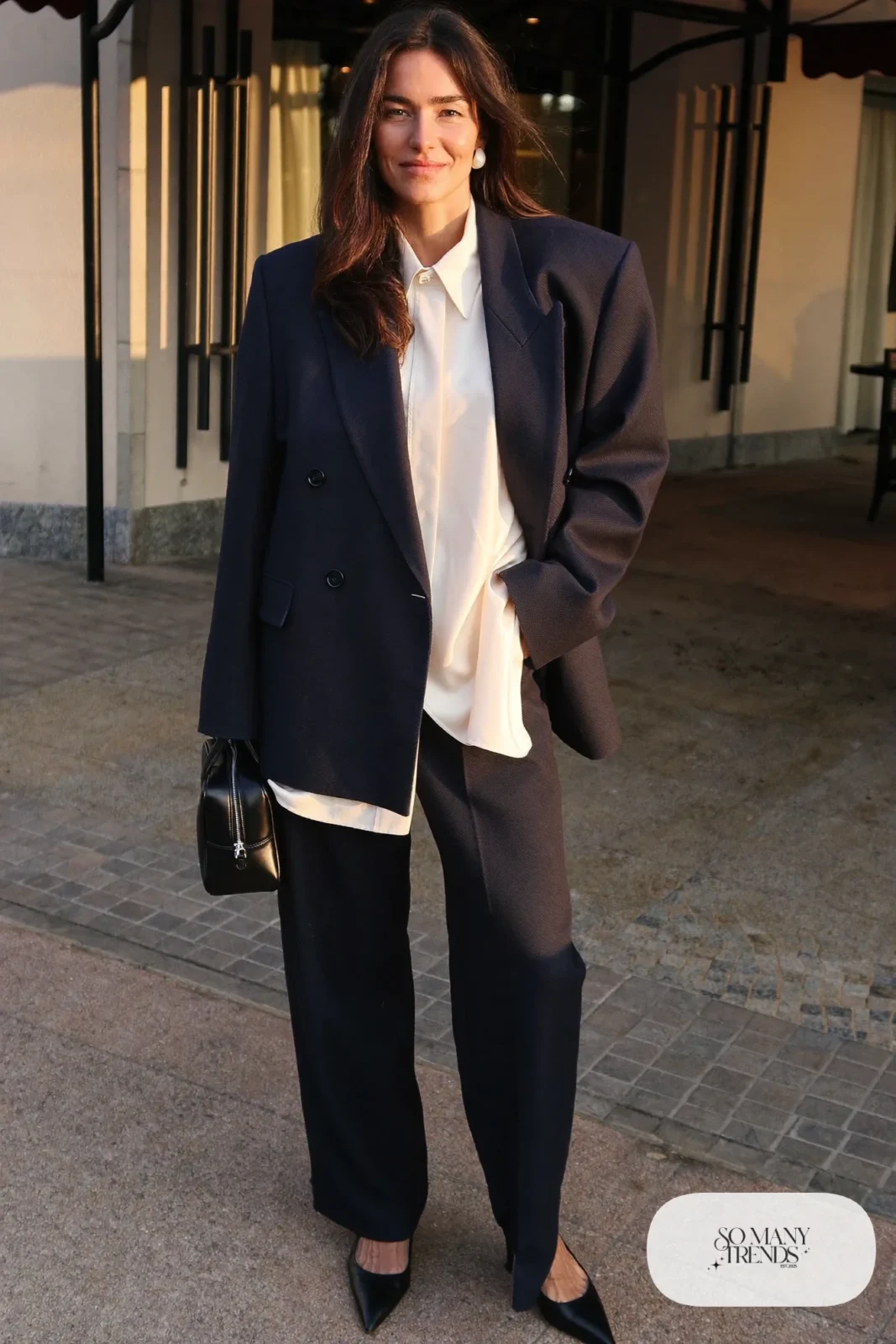 navy double-breasted blazer matching wide-leg pants ivory silk top pointed pumps small bag outfit 24