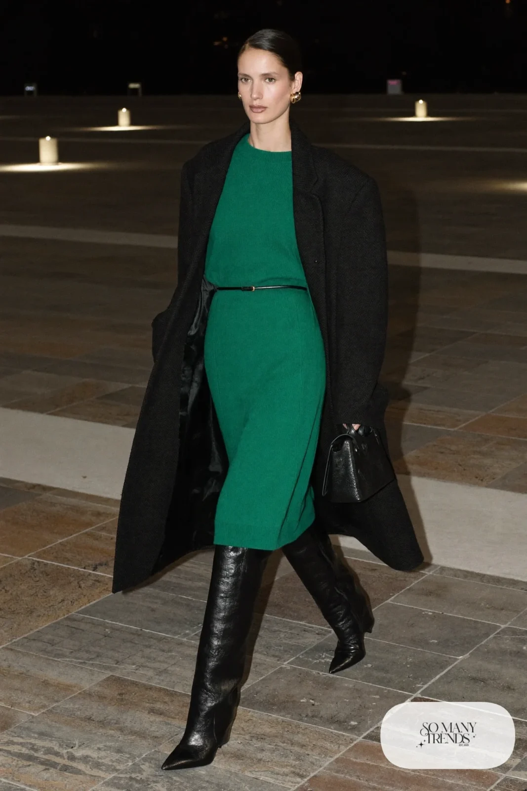 emerald green knit midi dress long black coat belt tall black boots small bag outfit 26