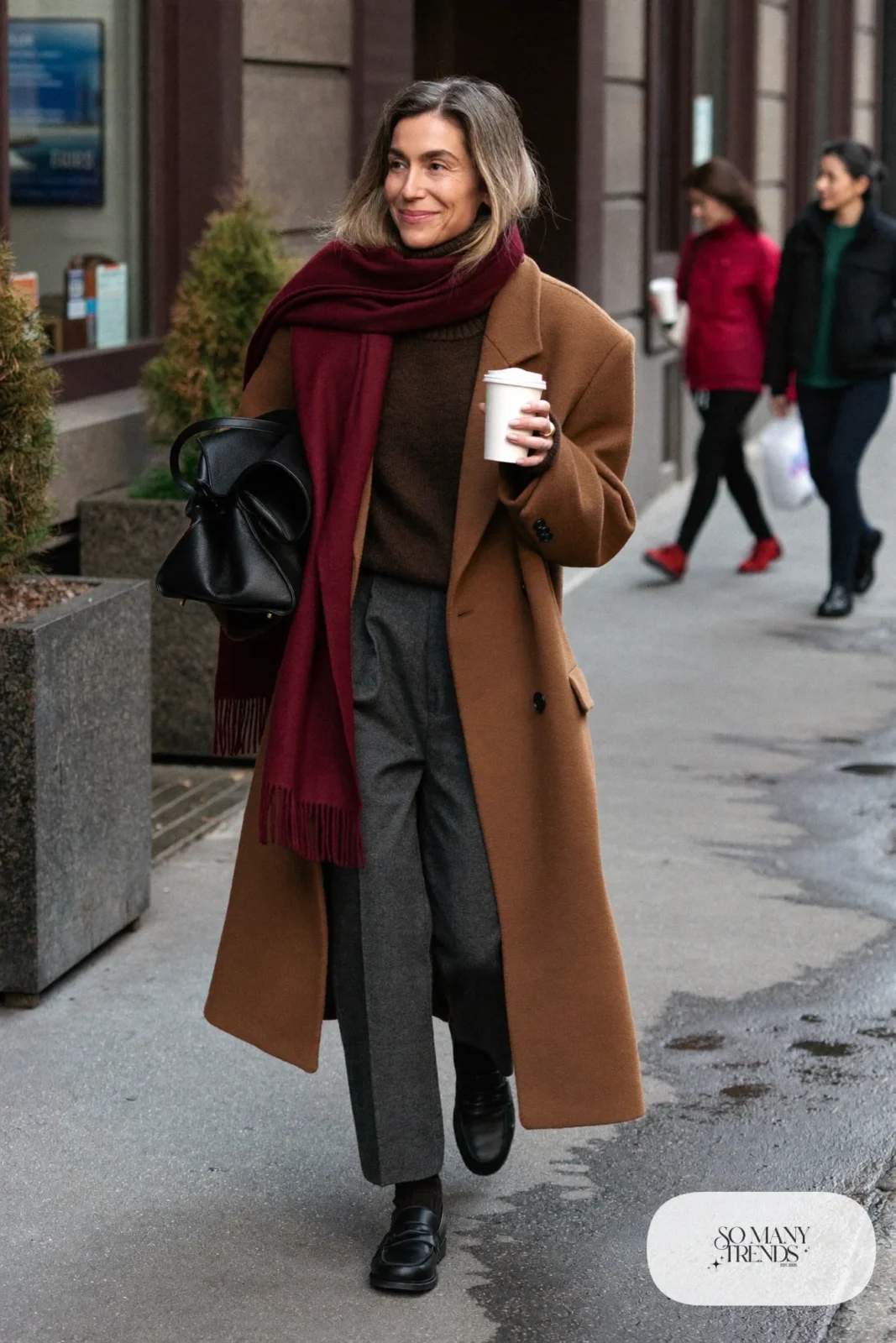 camel oversized wool coat chocolate turtleneck charcoal wide-leg pants black loafers burgundy scarf outfit 1