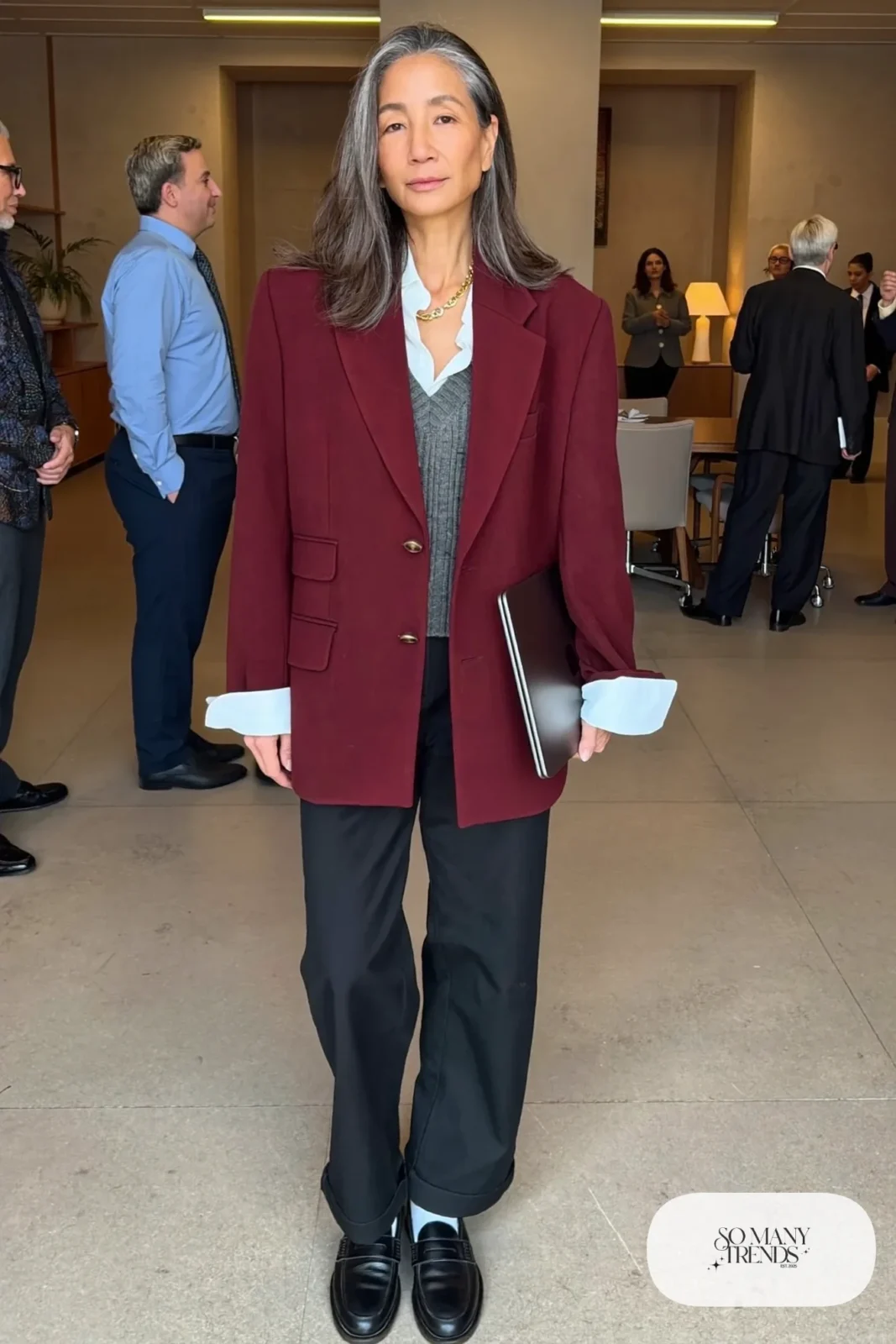 burgundy long blazer gray knit vest white shirt black straight pants loafers outfit 2