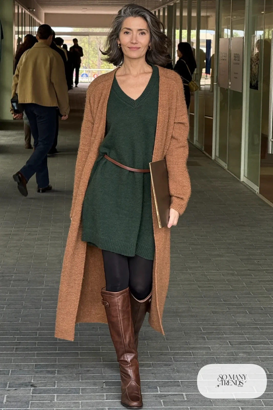 forest green sweater dress brown knee-high boots camel cardigan belt outfit 3