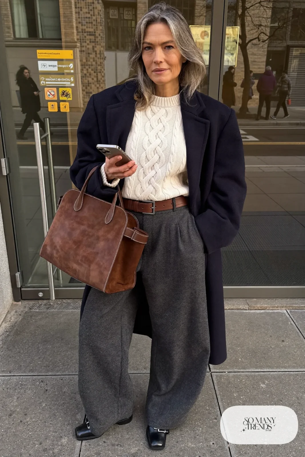 charcoal wide-leg wool pants cream cable knit sweater navy long coat leather belt boots outfit 4