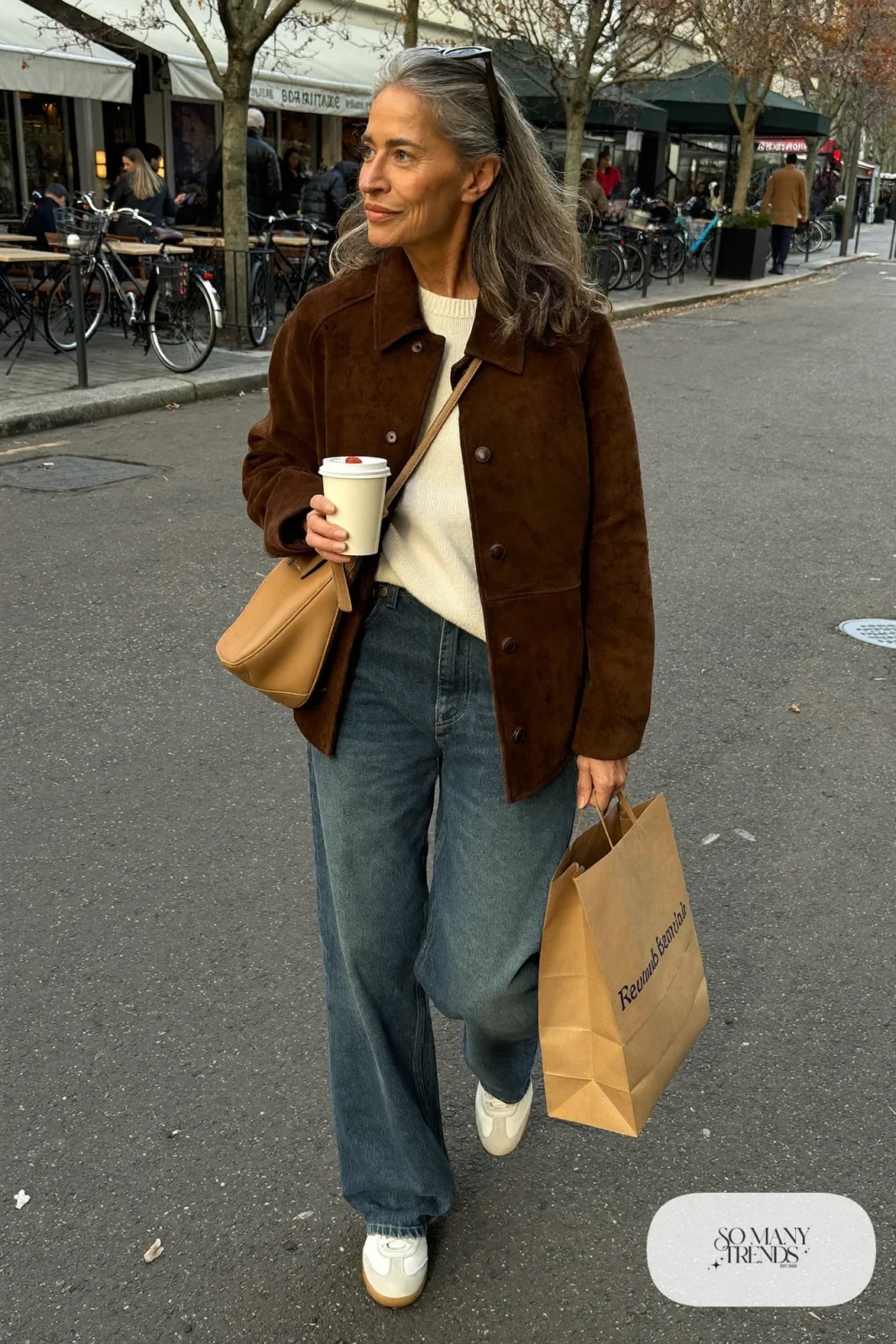 chocolate brown suede jacket cream knit sweater wide-leg jeans white sneakers crossbody bag outfit 8