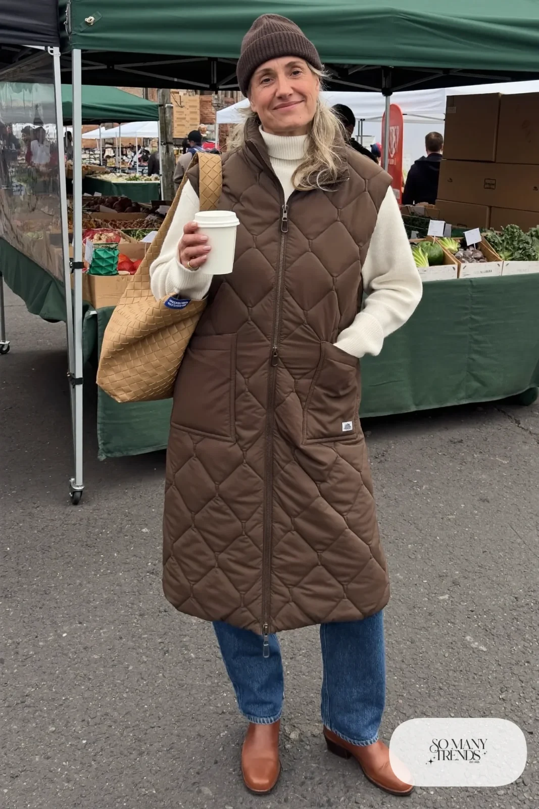 olive quilted vest white turtleneck straight jeans brown leather boots woven bag outfit 10