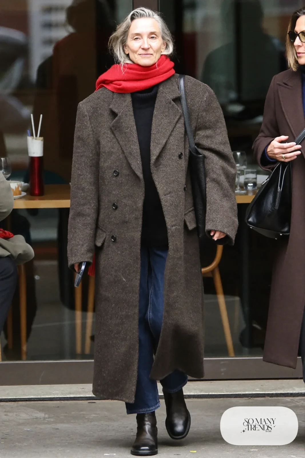 long gray wool coat red scarf dark denim jeans black boots black bag outfit 12