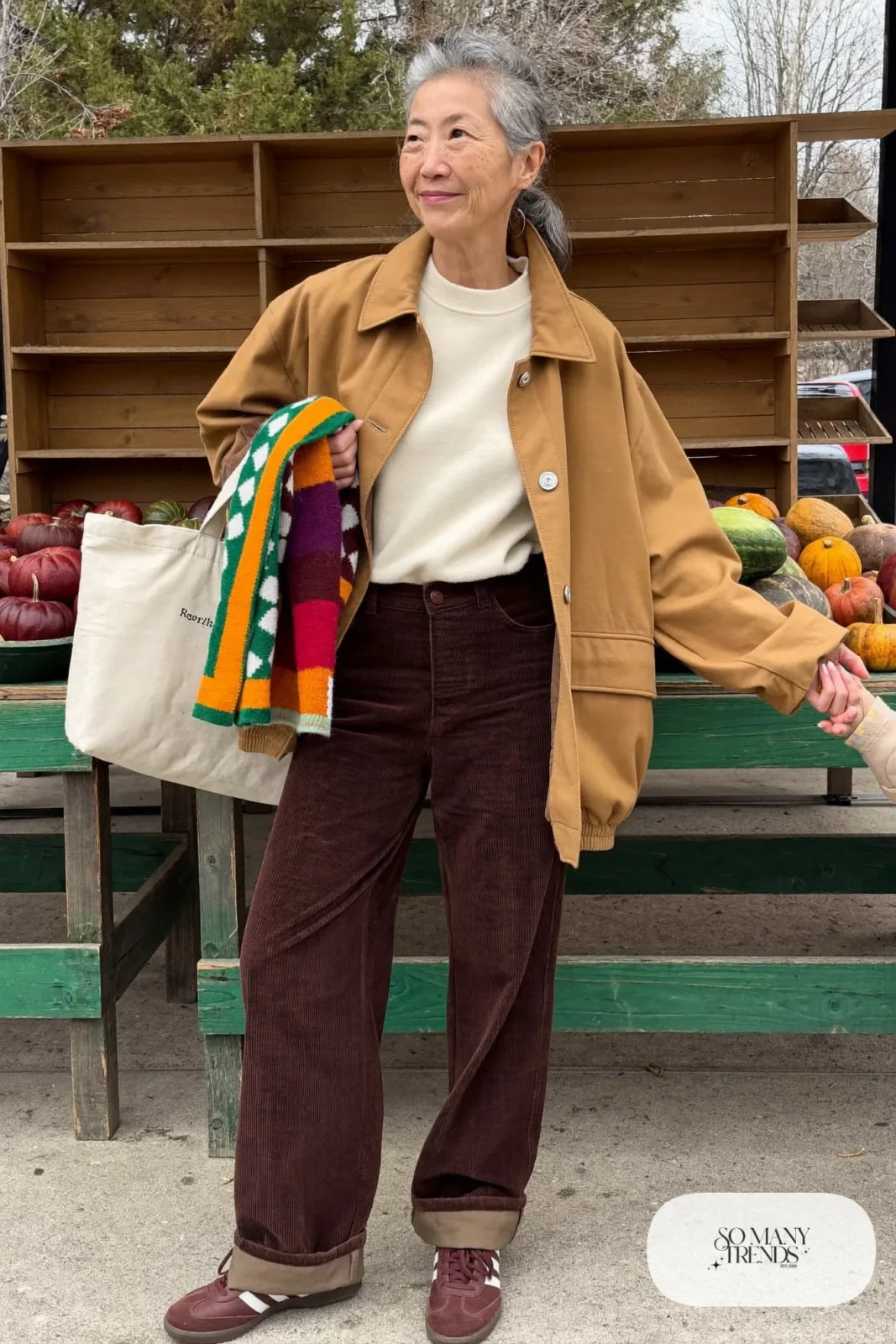 chocolate wide-leg corduroy pants camel barn jacket cream knit leather sneakers outfit 15
