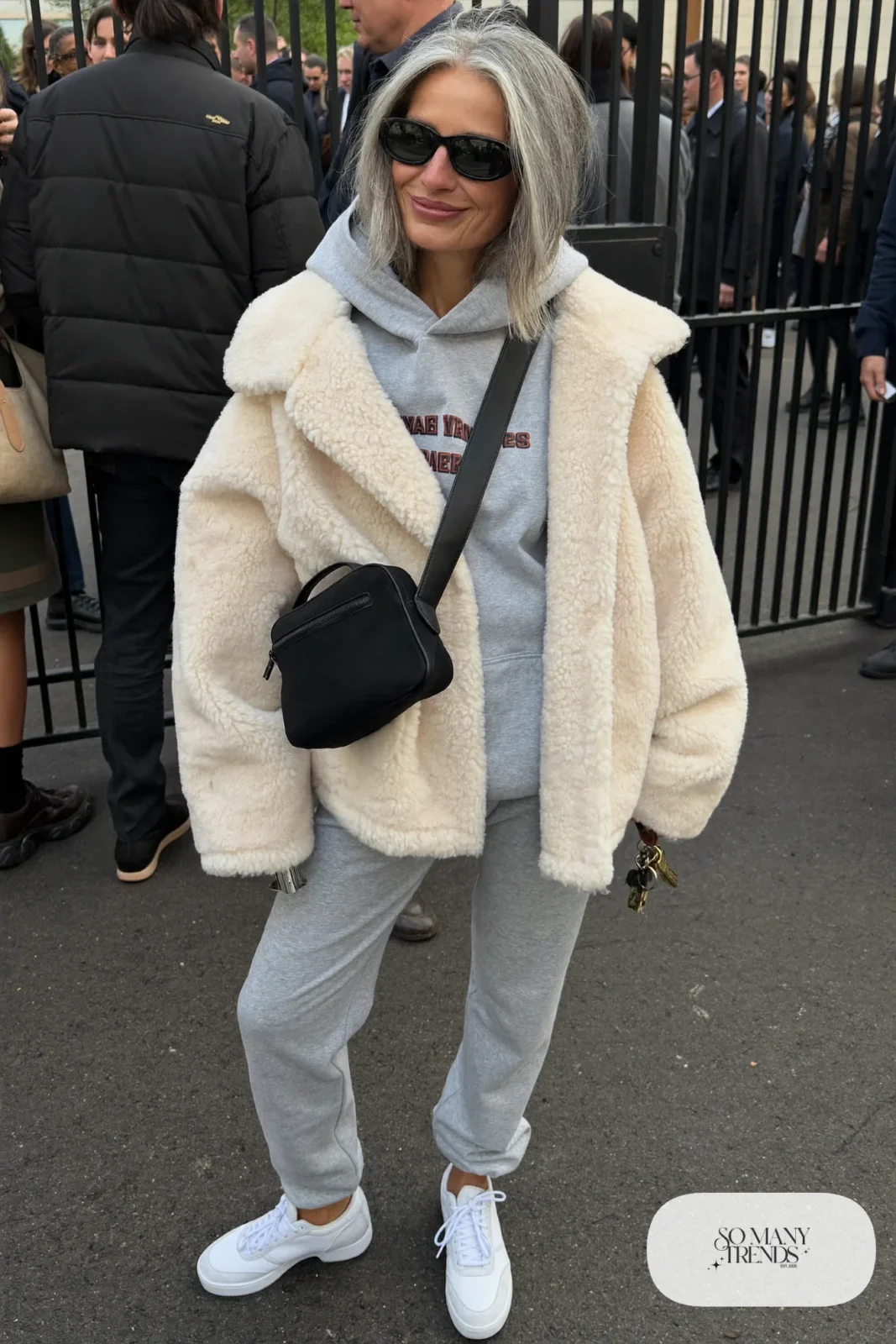 cream sherpa jacket gray hoodie relaxed gray joggers white sneakers crossbody bag outfit 17