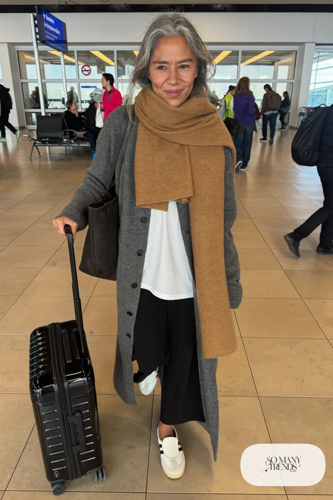 long gray cardigan white tee black wide-leg knit pants slip-on sneakers large scarf outfit 19
