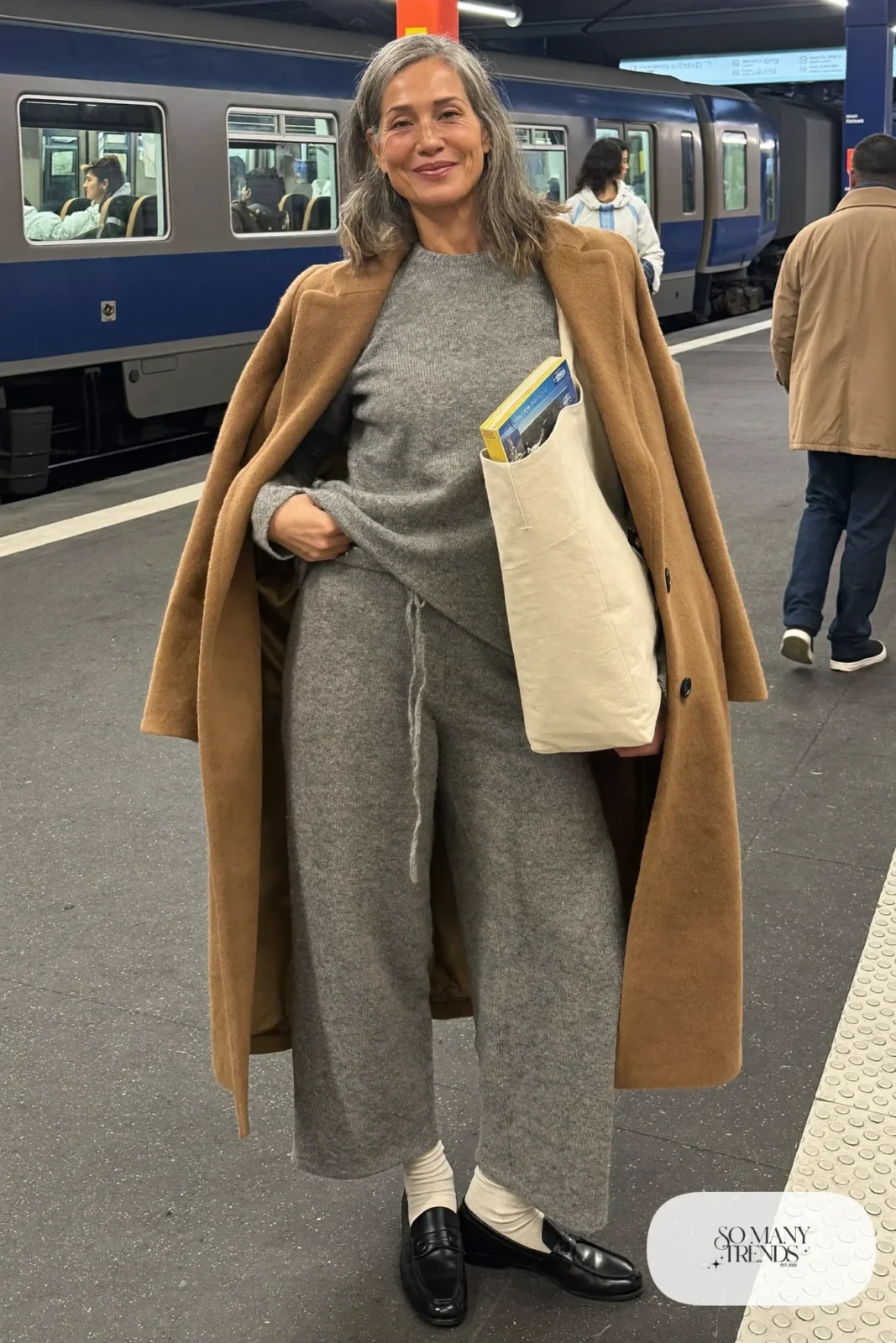 gray knit sweater wide-leg knit pants camel coat black loafers socks large tote outfit 21