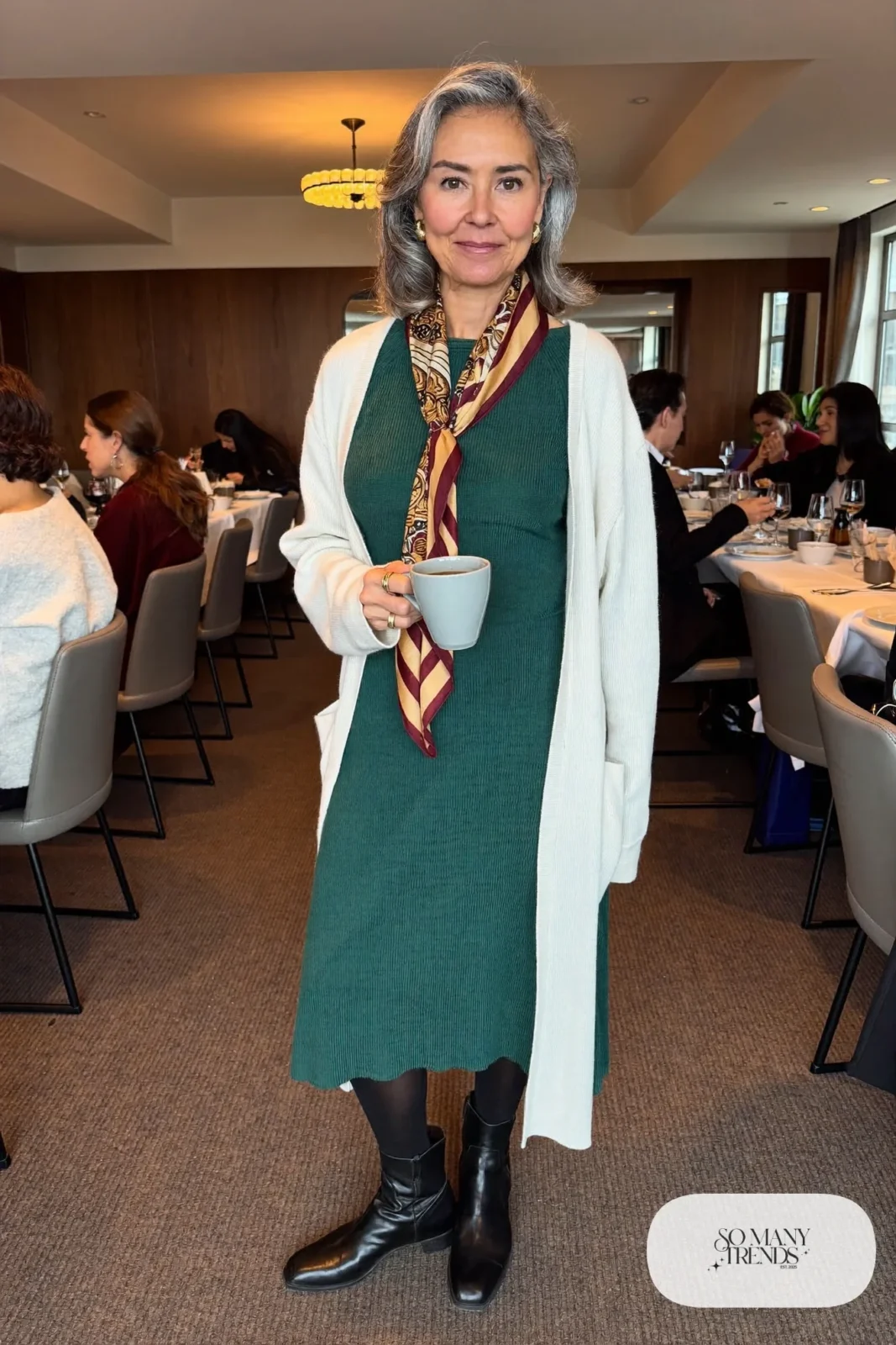 forest green knit midi dress cream cardigan black tights flat leather boots scarf outfit 24