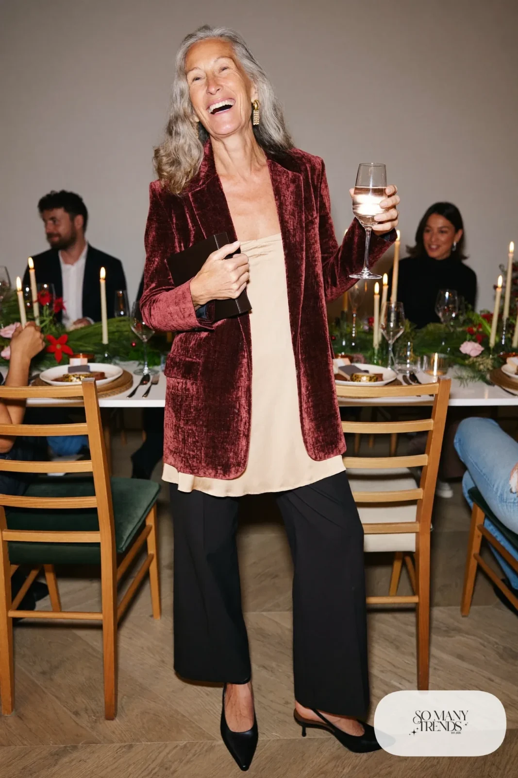 burgundy velvet blazer silk camisole black wide-leg pants closed-toe slingbacks gold earrings outfit 25