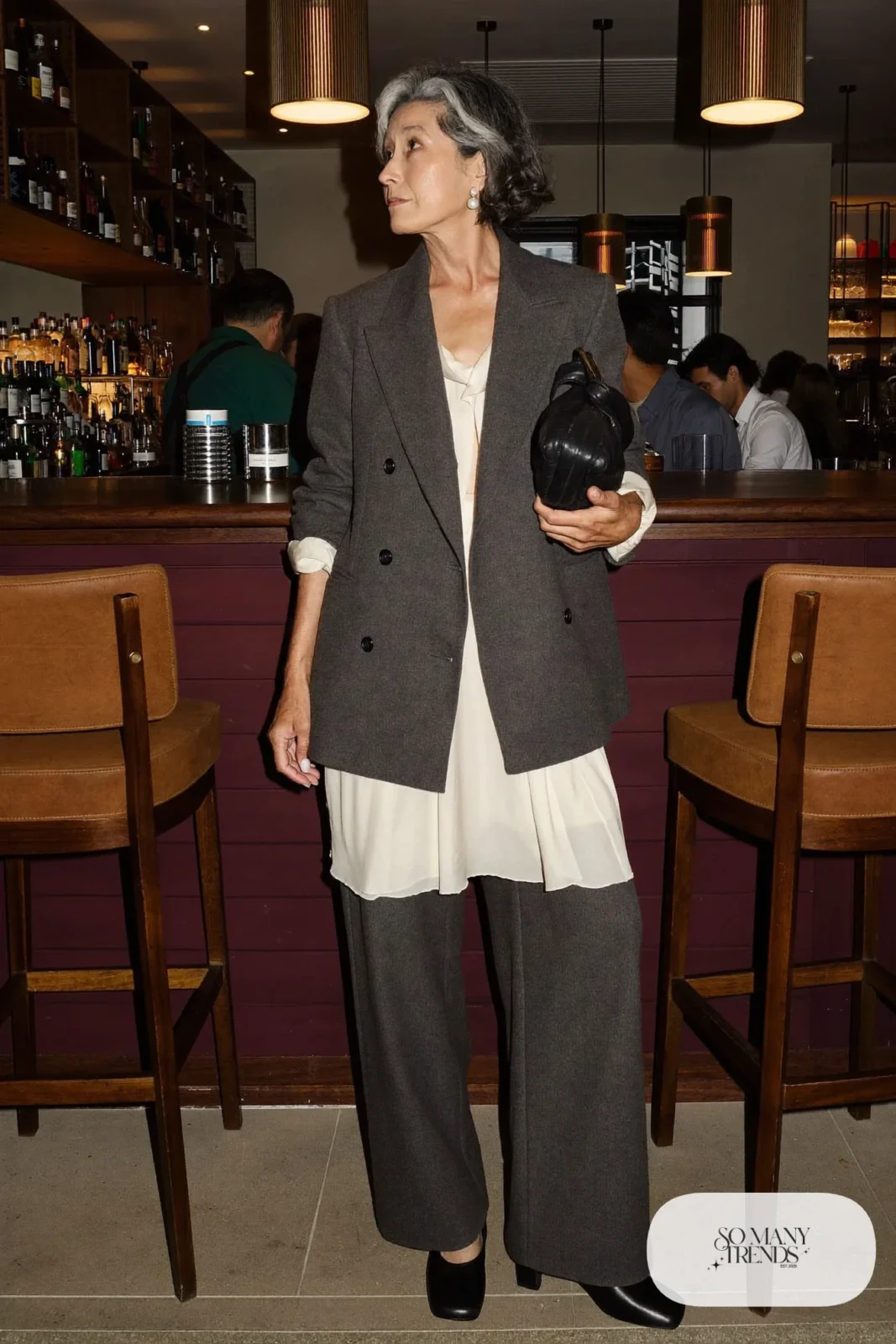 charcoal double-breasted blazer wide-leg suit pants silk shell low block heel pumps clutch outfit 27