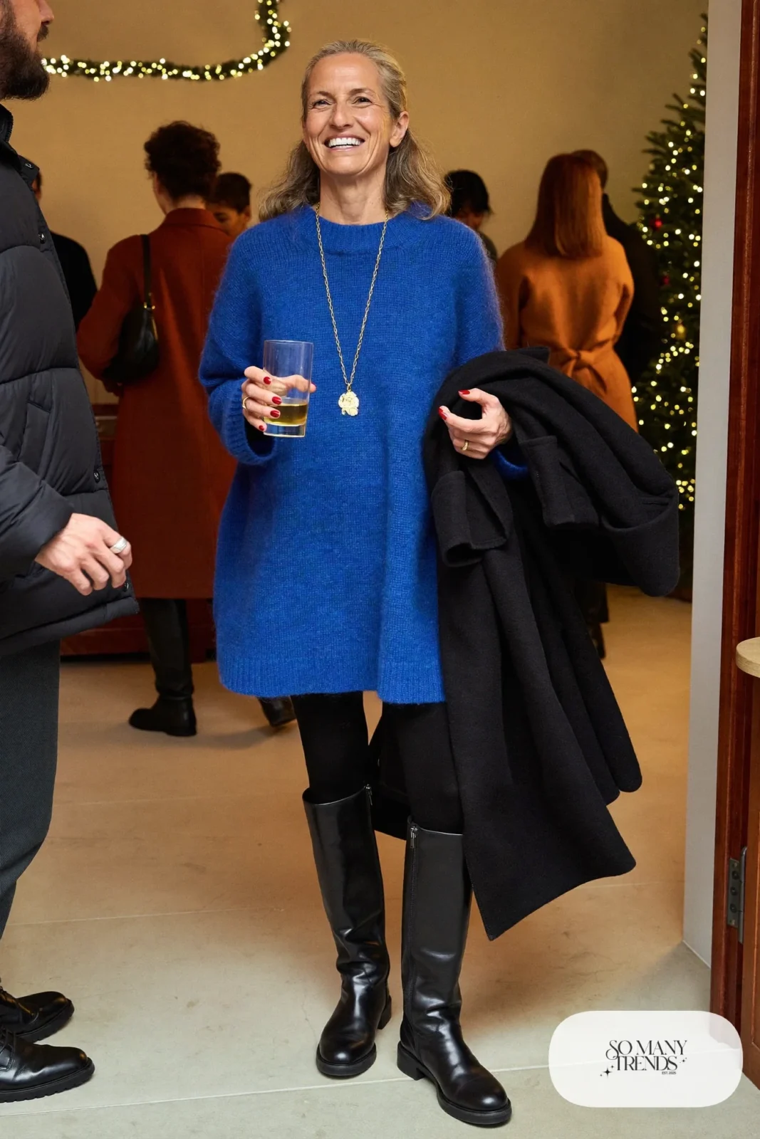 cobalt blue knit sweater dress tall black boots sheer tights long gold necklace outfit 28