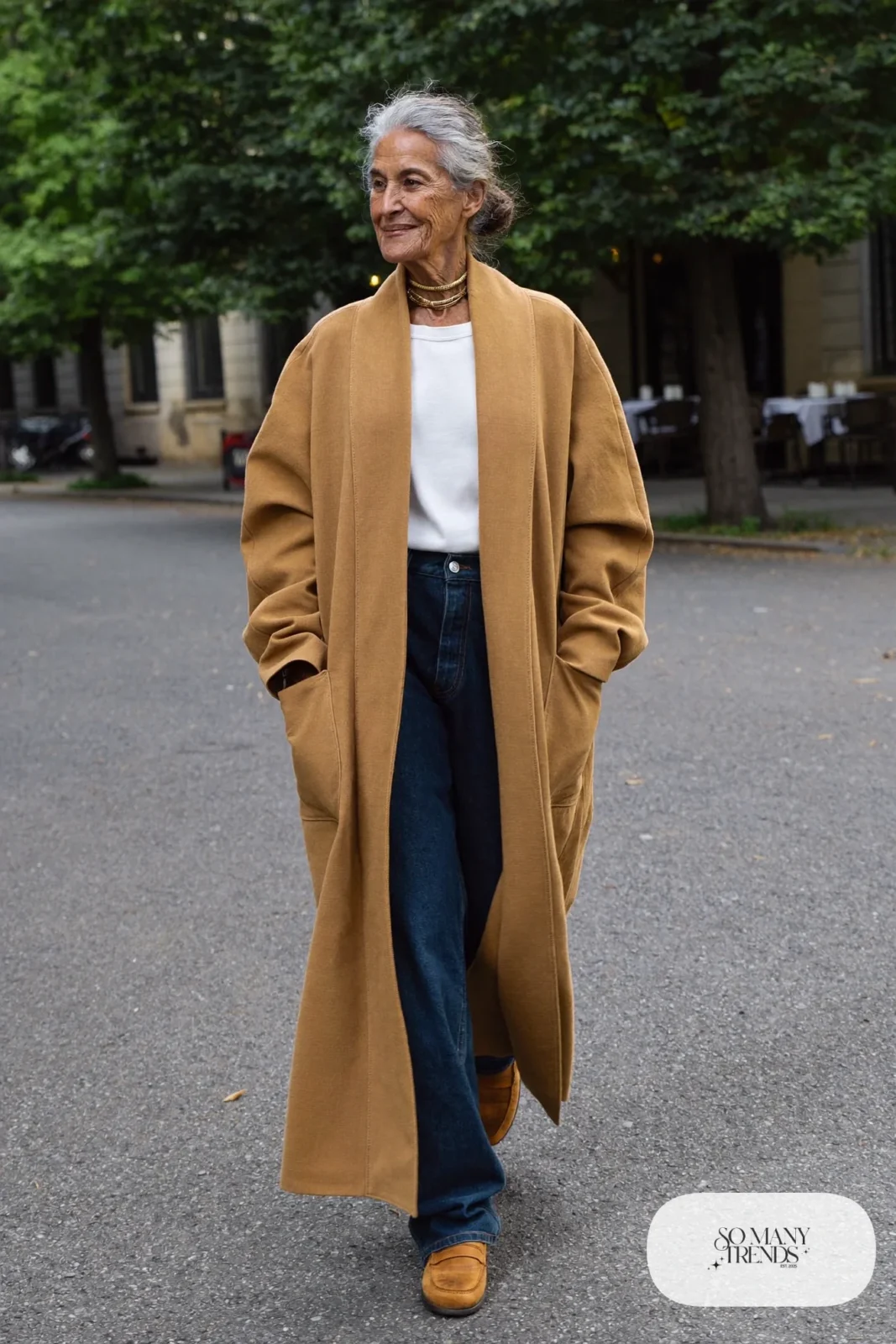 camel cardigan coat with white tee, dark wide-leg jeans and tan loafers outfit 8