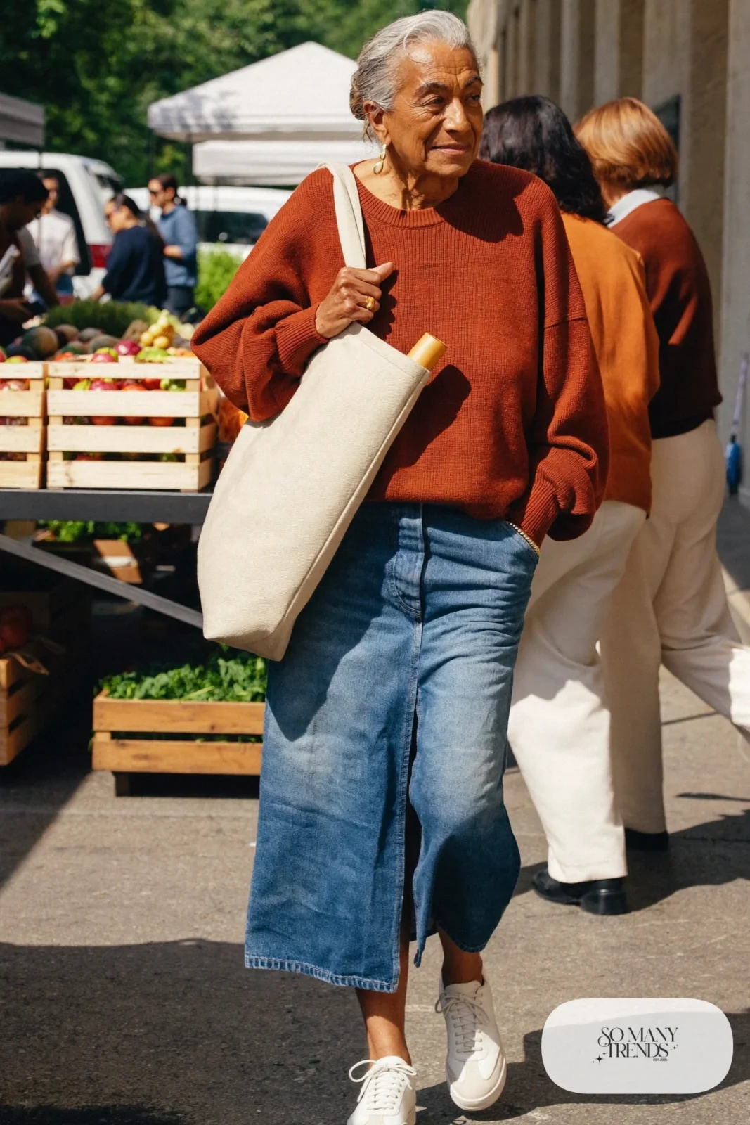 denim midi skirt with rust cotton sweater, white sneakers and canvas tote outfit 12
