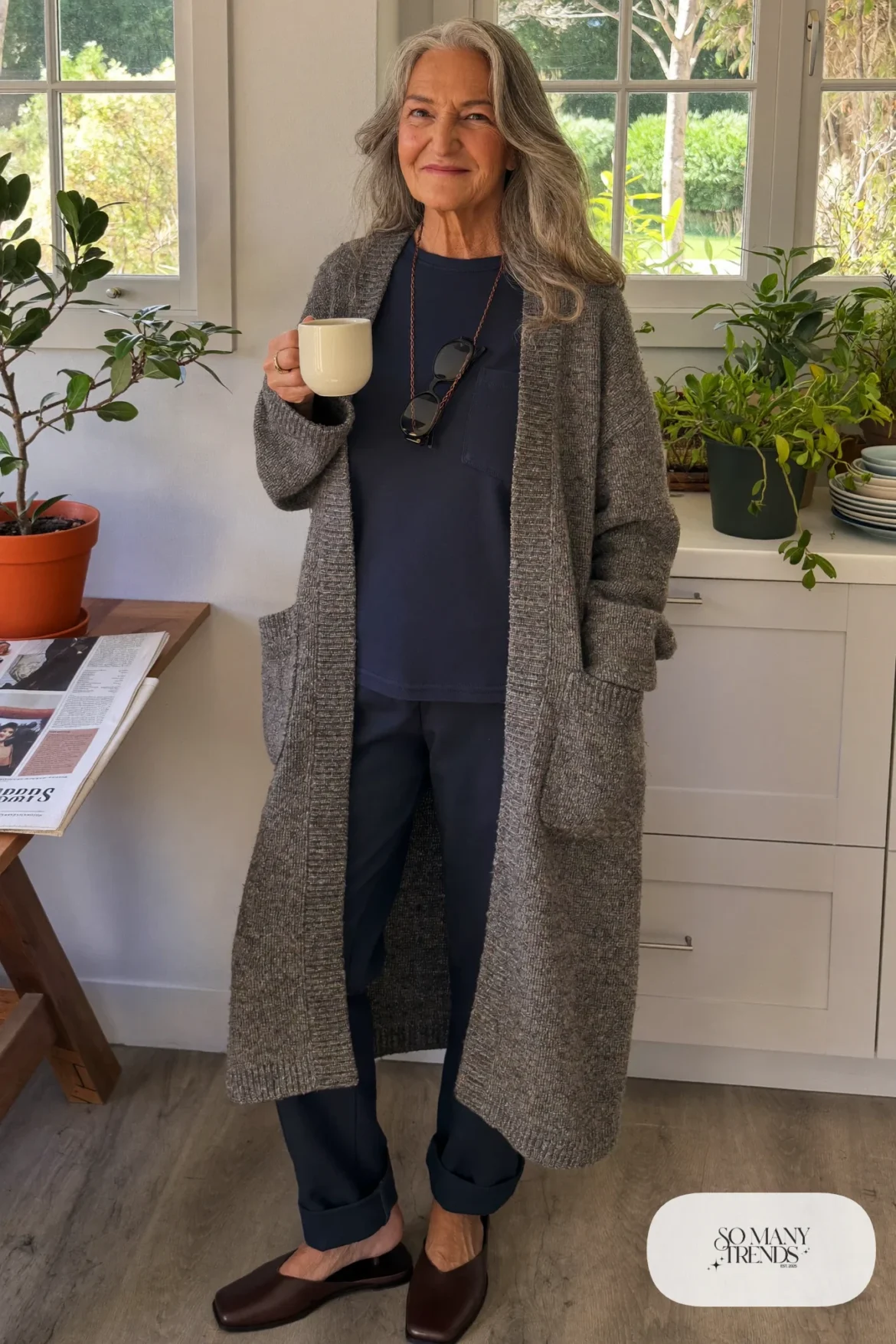 long gray marl cardigan with navy tee, navy soft pants and leather mules outfit 16