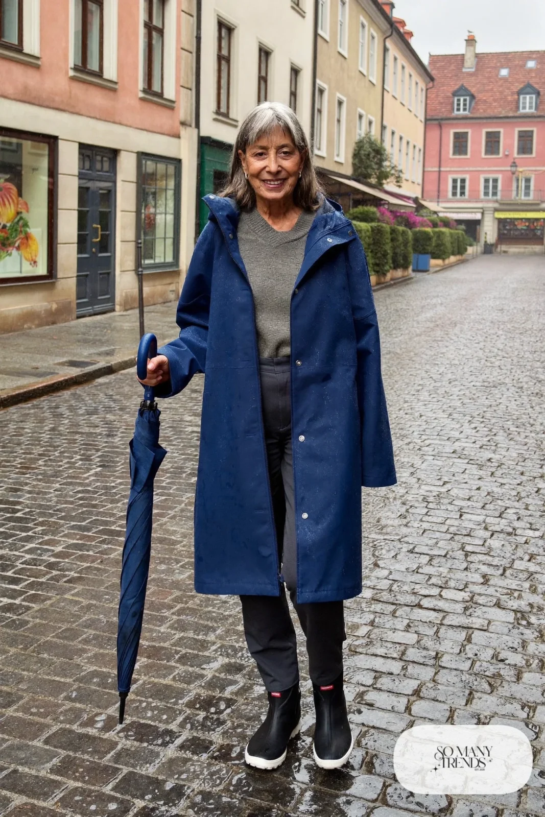 cobalt hooded rain jacket over gray sweater, dark pants and waterproof ankle boots outfit 24