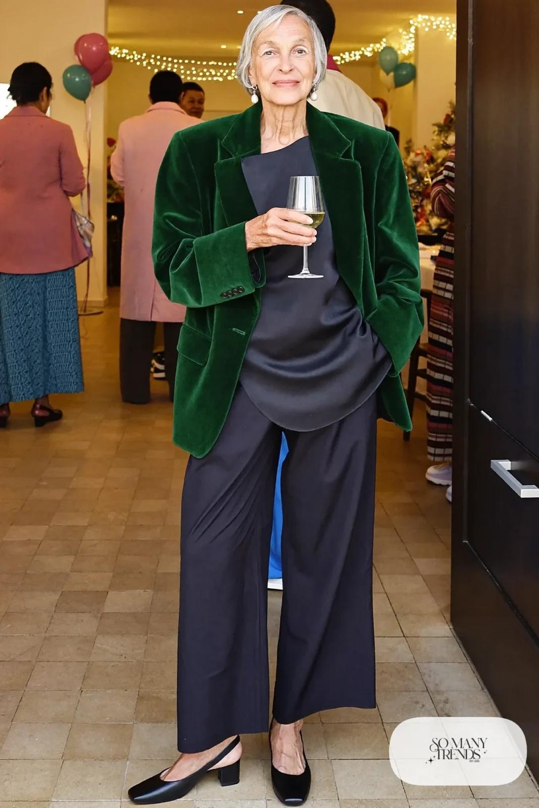 green velvet blazer with black shell, black wide pants, pearl drop earrings and low heel slingbacks outfit 26