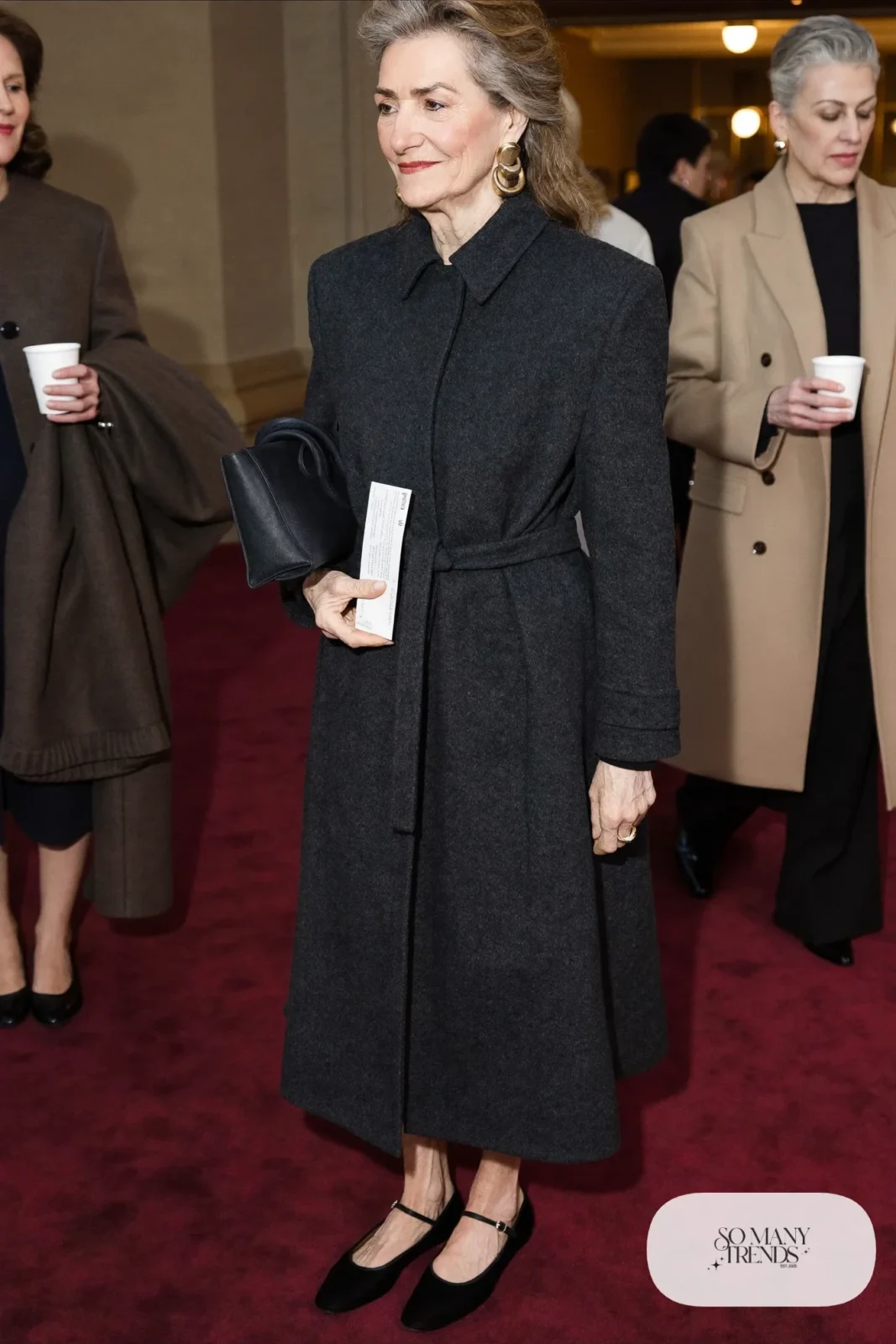 charcoal knit belted coat dress with gold earrings, black ankle-strap flats and clutch outfit 29