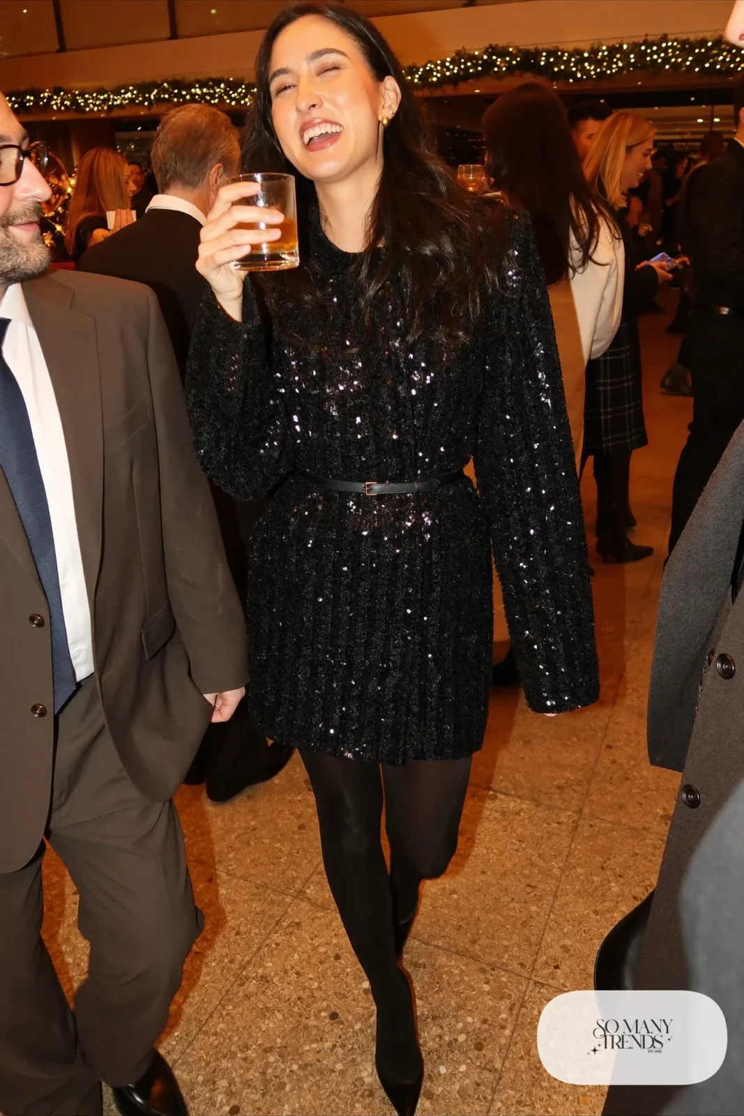 black sequin blazer dress sheer black tights black pointed pumps outfit 6
