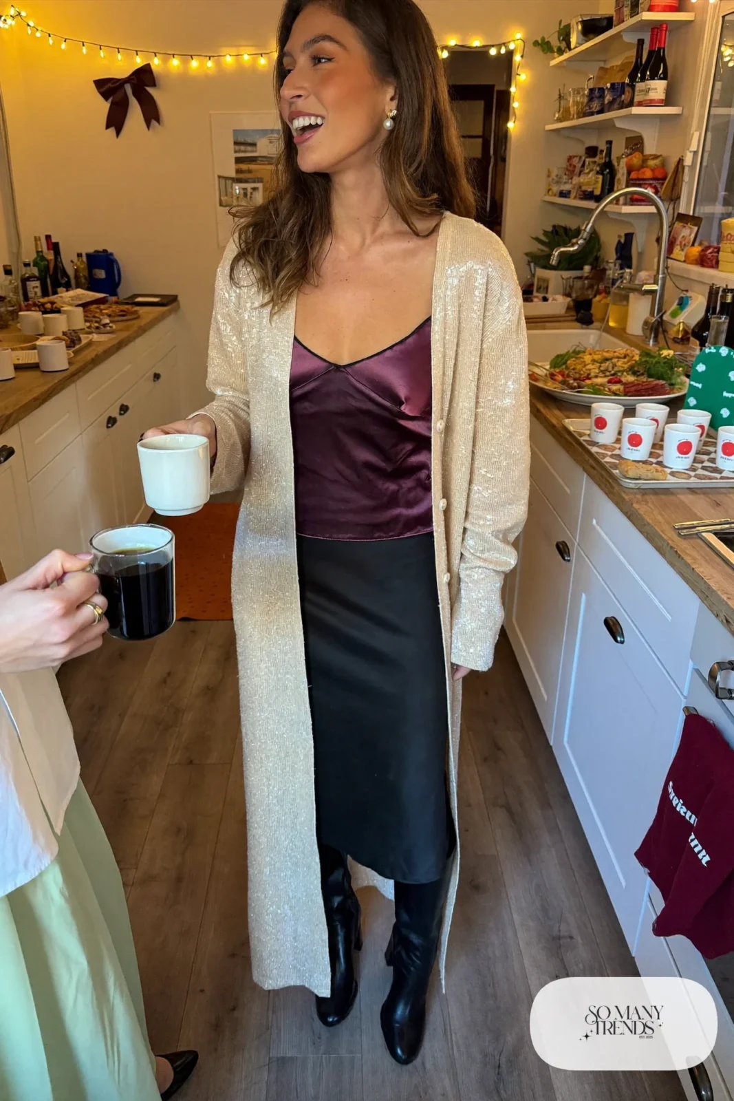 champagne sequin cardigan black satin cami black midi skirt block heel boots outfit 7