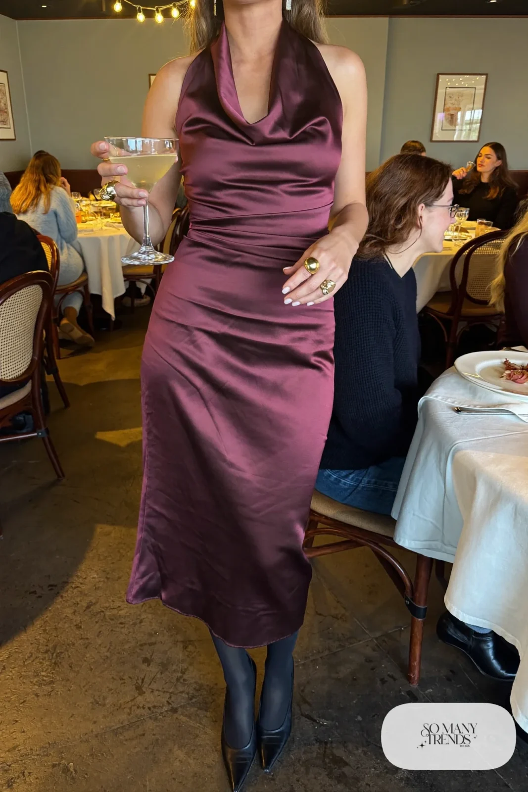 plum satin cowl neck midi dress gold rings black pointed ankle boots outfit 11