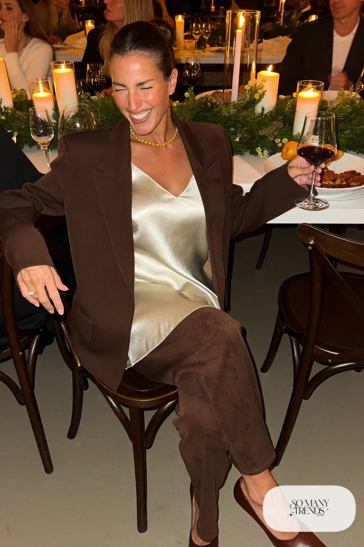 chocolate brown blazer wide leg pants cream silk camisole cognac pumps outfit 17