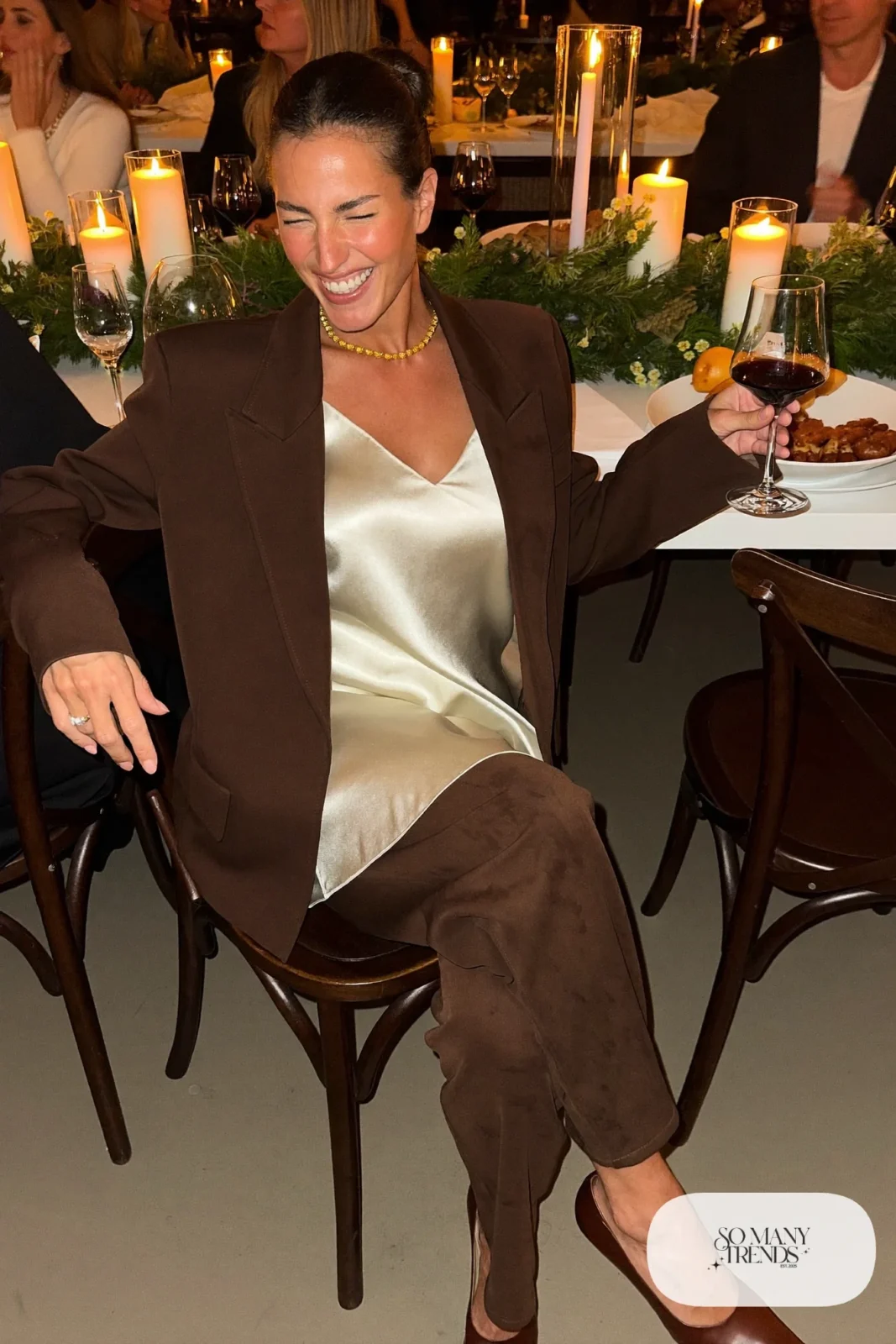 chocolate brown blazer wide leg pants cream silk camisole cognac pumps outfit 17