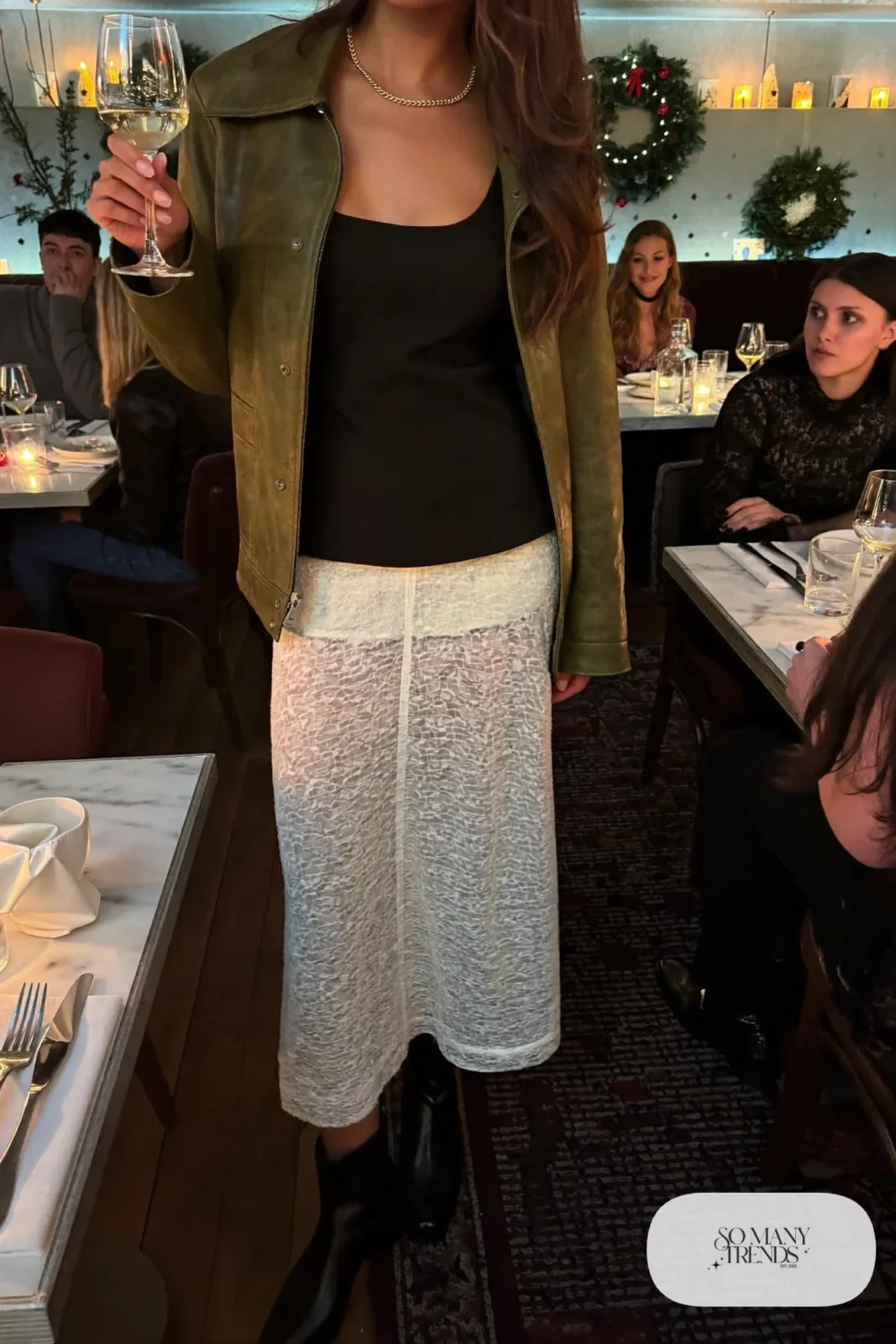 cream lace midi skirt olive faux leather jacket black cami black ankle boots outfit 22