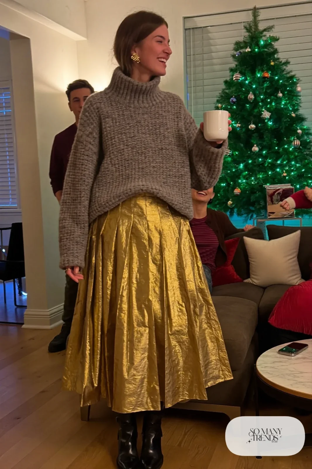 gold pleated metallic midi skirt gray chunky knit sweater black ankle boots outfit 25