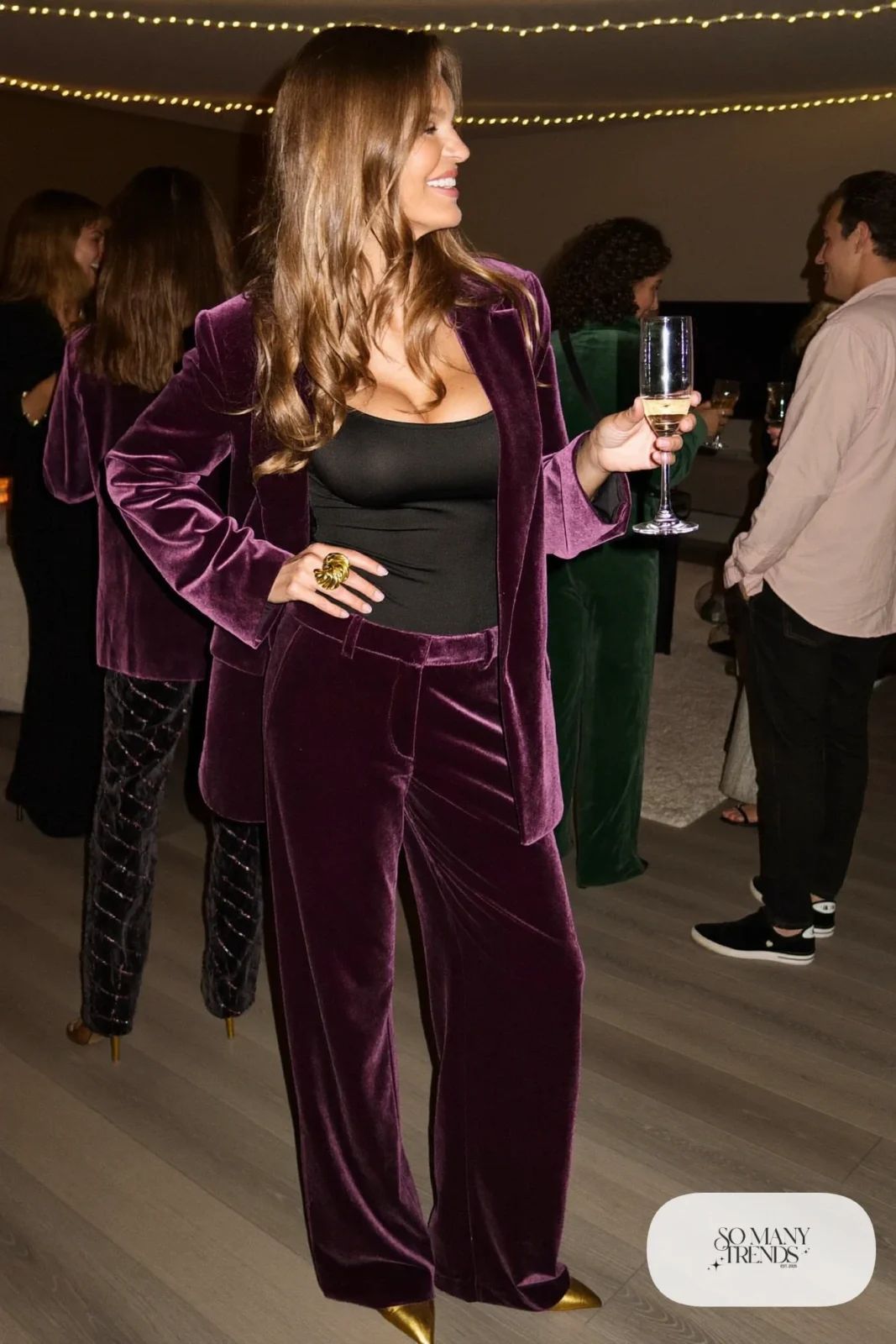 plum velvet blazer and pants black bodysuit gold closed toe heels chunky ring outfit 32