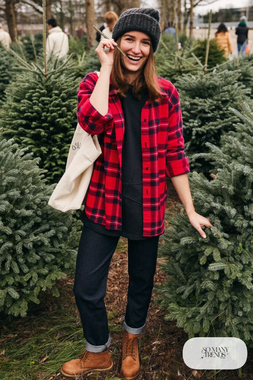 red plaid flannel shirt black t-shirt dark jeans brown boots canvas tote weekend outfit 25