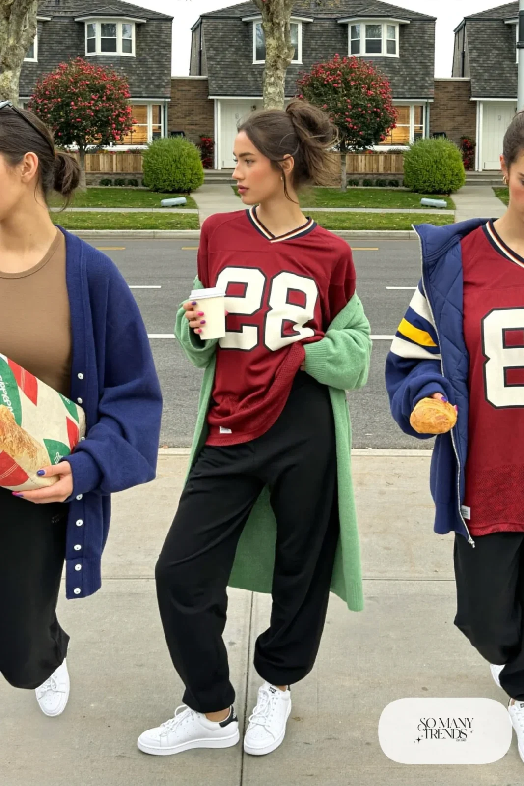 burgundy football jersey black joggers long oatmeal cardigan white sneakers outfit 20